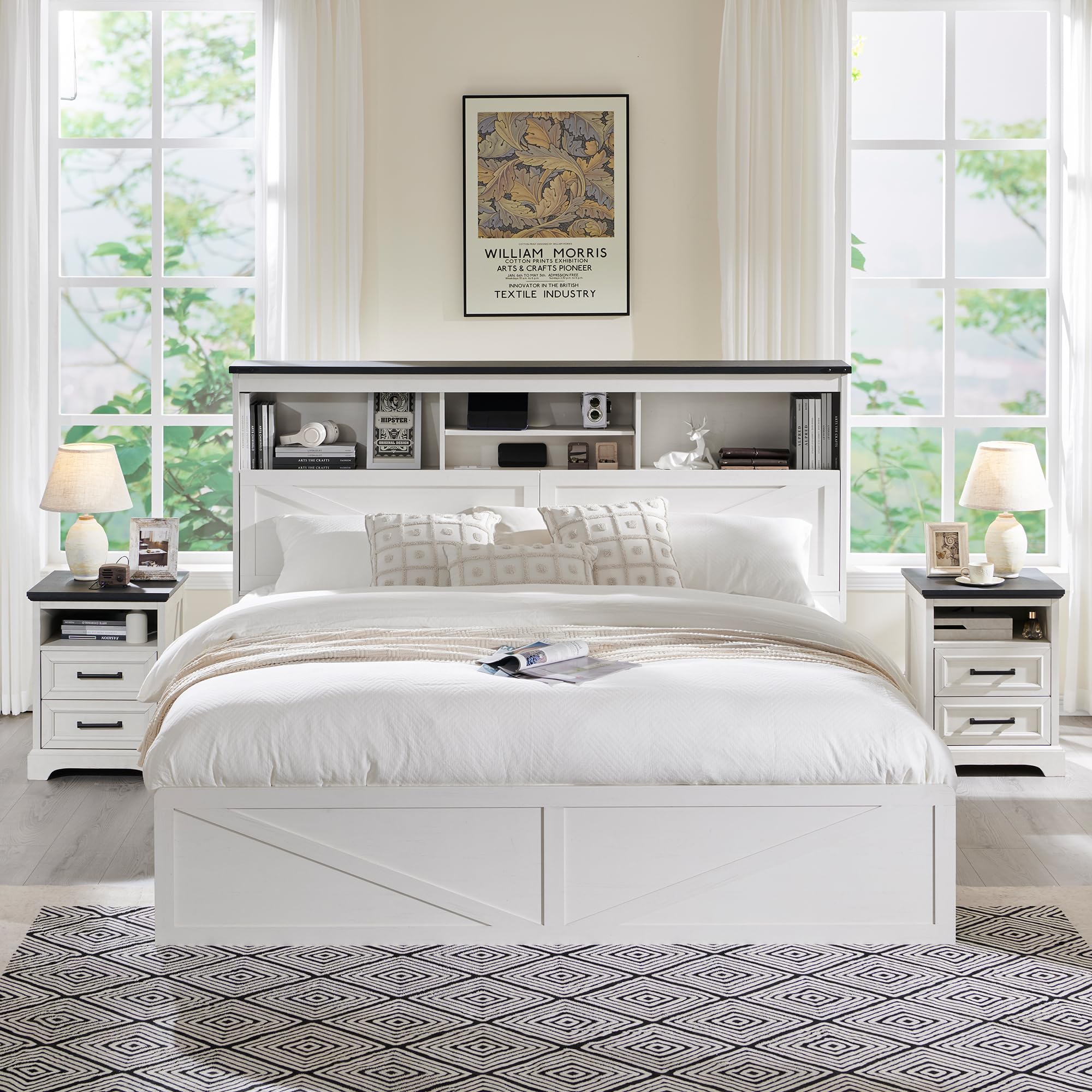 ACCOHOHO Queen Size Wood Bed Frame Farmhouse with 52" Tall Storage Bookcase Headboard, LED Light,Charging Station,4 Drawers and Solid Wood Slats Support,Noiseless,No Box Spring Needed - Black