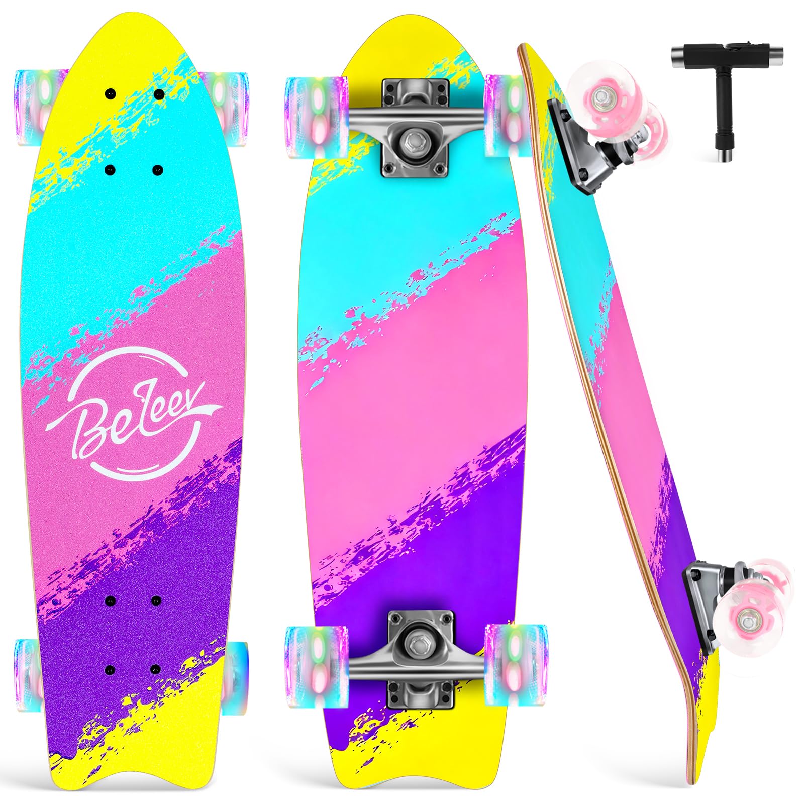 BELEEV Cruiser Skateboards for Beginners, 27 x 8 inch Complete Skateboard for Kids Teens Adults, 7 Ply Canadian Maple Double Kick Deck Concave Skateboard with Skate T-Tool