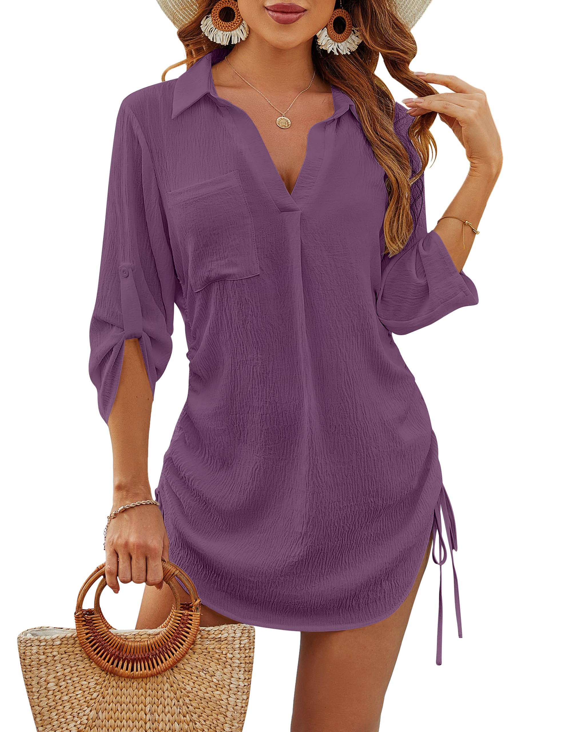 Blooming Jelly Womens Bathing Suit Cover Ups Bikini Swimsuit Coverup Drawstring Beach Dress Shirt