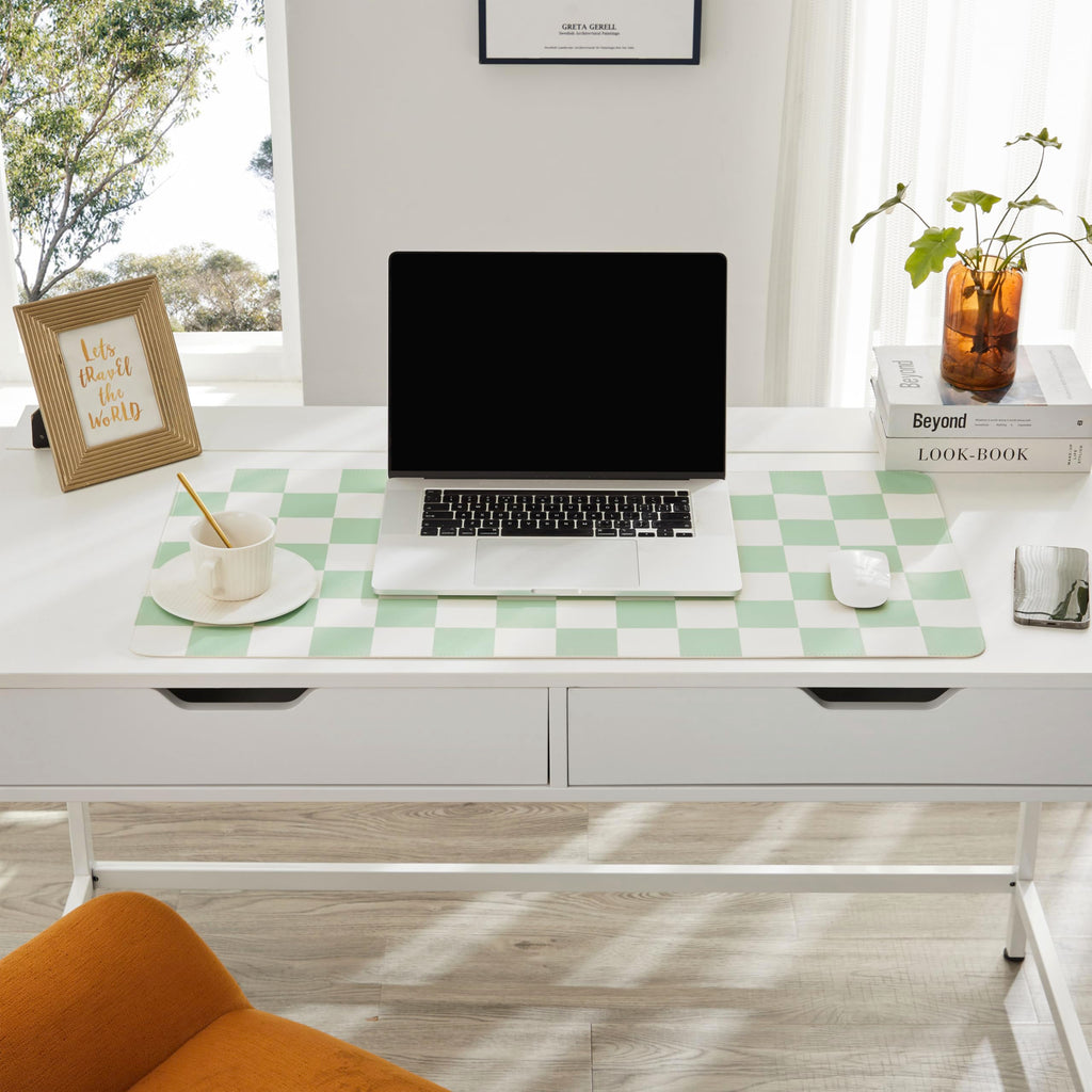 Ohocut Checkered Desk Mat, Large Cute Aesthetic Retro PU Leather Computer Laptop Desk Mat, Non-Slip Waterproof Mouse Keyboard Pad, Desk Writing Mat for Work/Home (Beige, 23.6" x 13.7")