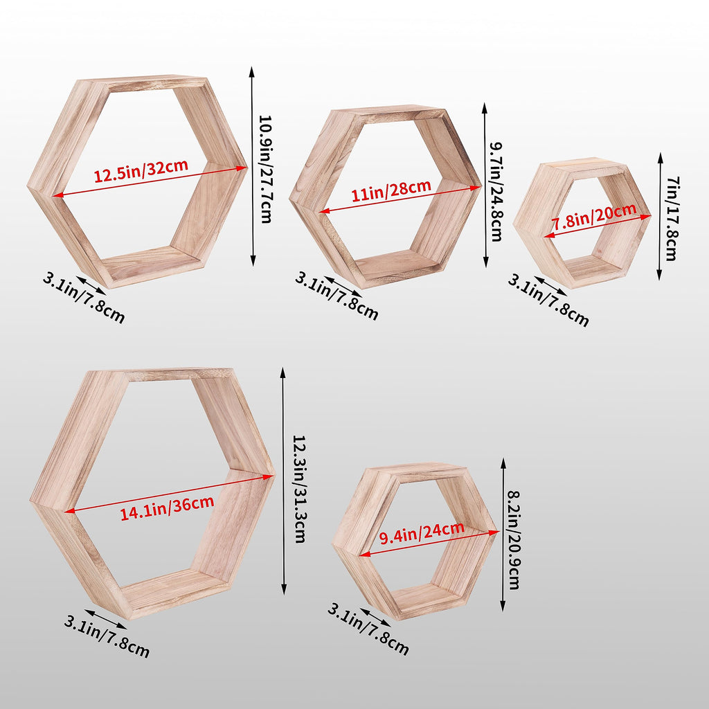 WONFUlity Hexagon Shelves for Wall Mounted, Wood Farmhouse Storage Honeycomb Floating Shelves for Wall Decor,Screws Anchors Included,5pc