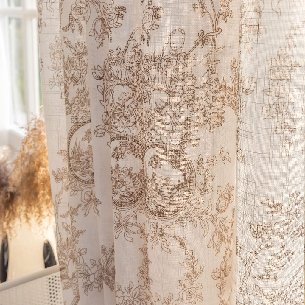 SUOUO Blue Leaf Semi Sheer White Curtains for Bedroom Dining Living Room Linen Textured 84 inches Long Rod Pocket Boho Window Drapes 2 Panels