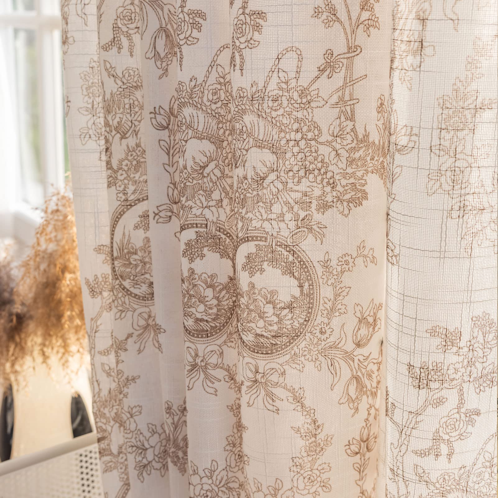 SUOUO Blue Leaf Semi Sheer White Curtains for Bedroom Dining Living Room Linen Textured 84 inches Long Rod Pocket Boho Window Drapes 2 Panels