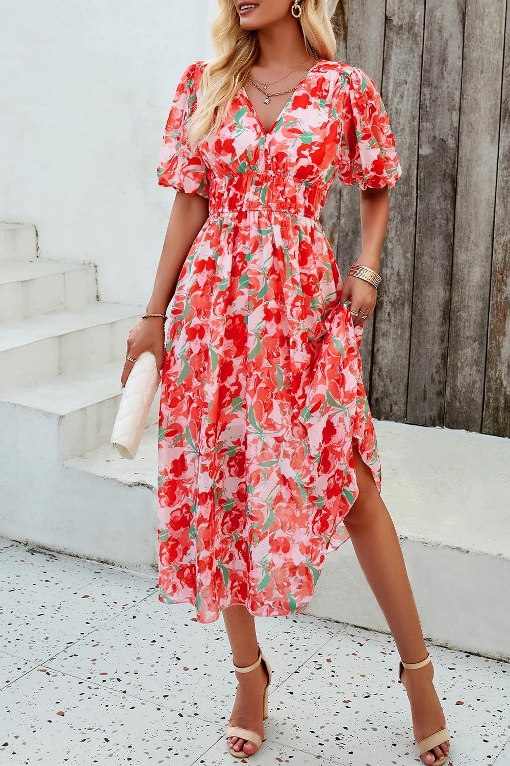 UEAL Womens Floral Flowy Wrap V Neck Midi Dress Short Sleeve Elastic Waist Casual Spring Summer Dresses for Women 2025