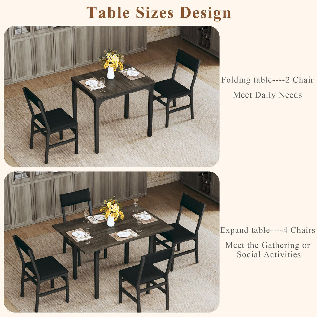 HUAHUU Dining Table Set for 4, Extendable Kitchen Table Cushion Chairs Set of 4, Rectangle Dining Table with Metal Frame & MDF Board, Folding for Small Apartment Saving Space, Black