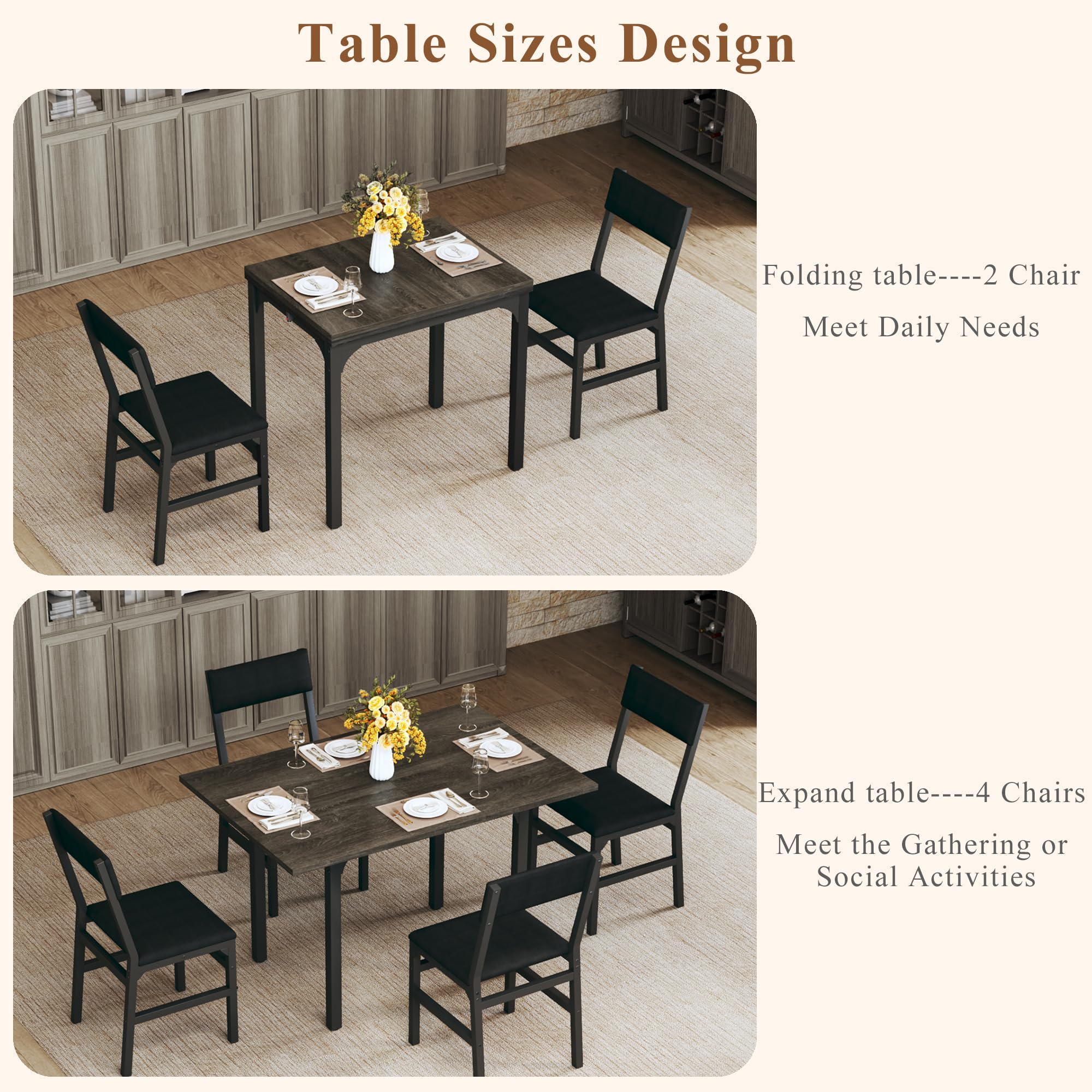 HUAHUU Dining Table Set for 4, Extendable Kitchen Table Cushion Chairs Set of 4, Rectangle Dining Table with Metal Frame & MDF Board, Folding for Small Apartment Saving Space, Black