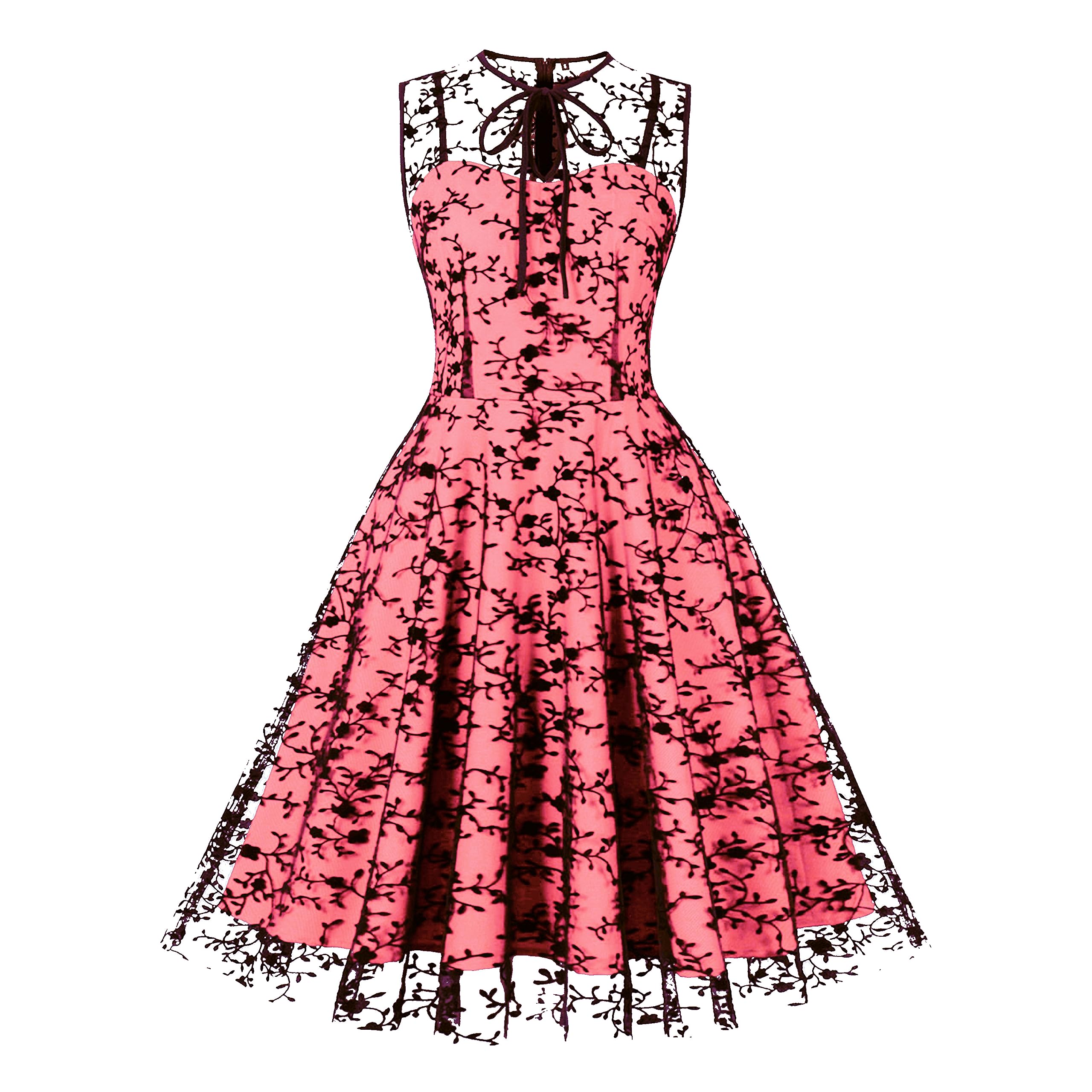 Women Mesh Floral Embroidery Vintage Cocktail Swing Dress Illusion 50s Goth Flared A line Casual Wedding Prom Evening Dress