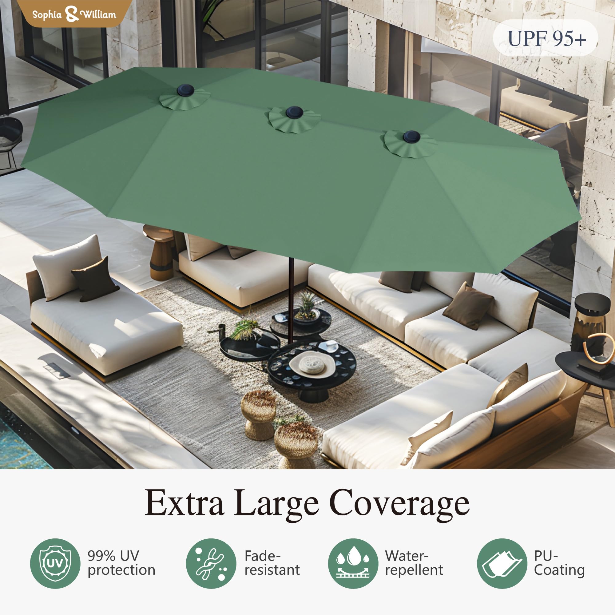 Sophia & William 15 ft Extra Large Patio Umbrella with Base Included, Rectangular Outdoor Umbrella Heavy Duty, Market Umbrella Double-sided Fade Resistant for Pool Garden Backyard, Beige