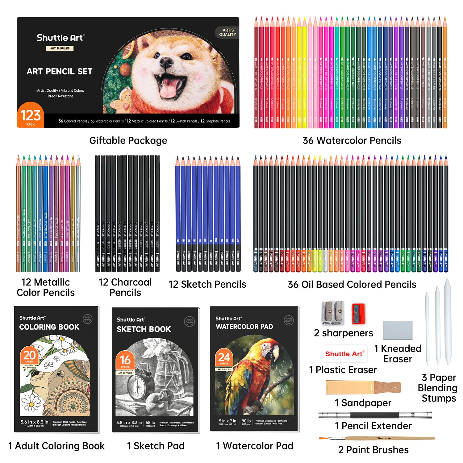 Shuttle Art 103 PCS Drawing Kit, Professional Drawing Supplies with Sketch, Charcoal, Colored, Graphite, Pastel Pencils & Sticks, Complete Drawing Tools and Paper Pads in Zipper Case for Artists&Kids