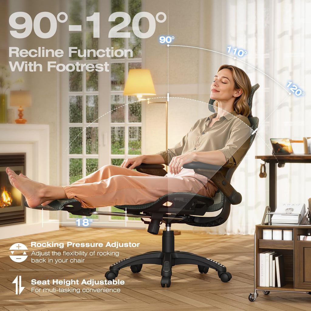 ELABEST X100 Ergonomic Office Chair with Footrest, Big and Tall Home Desk Chair with 5D Flip-Up Arms, Adjustable 3D Lumbar Support,High Back Rolling Computer Chair, Swivel Mesh Chairs (Coffee Break)