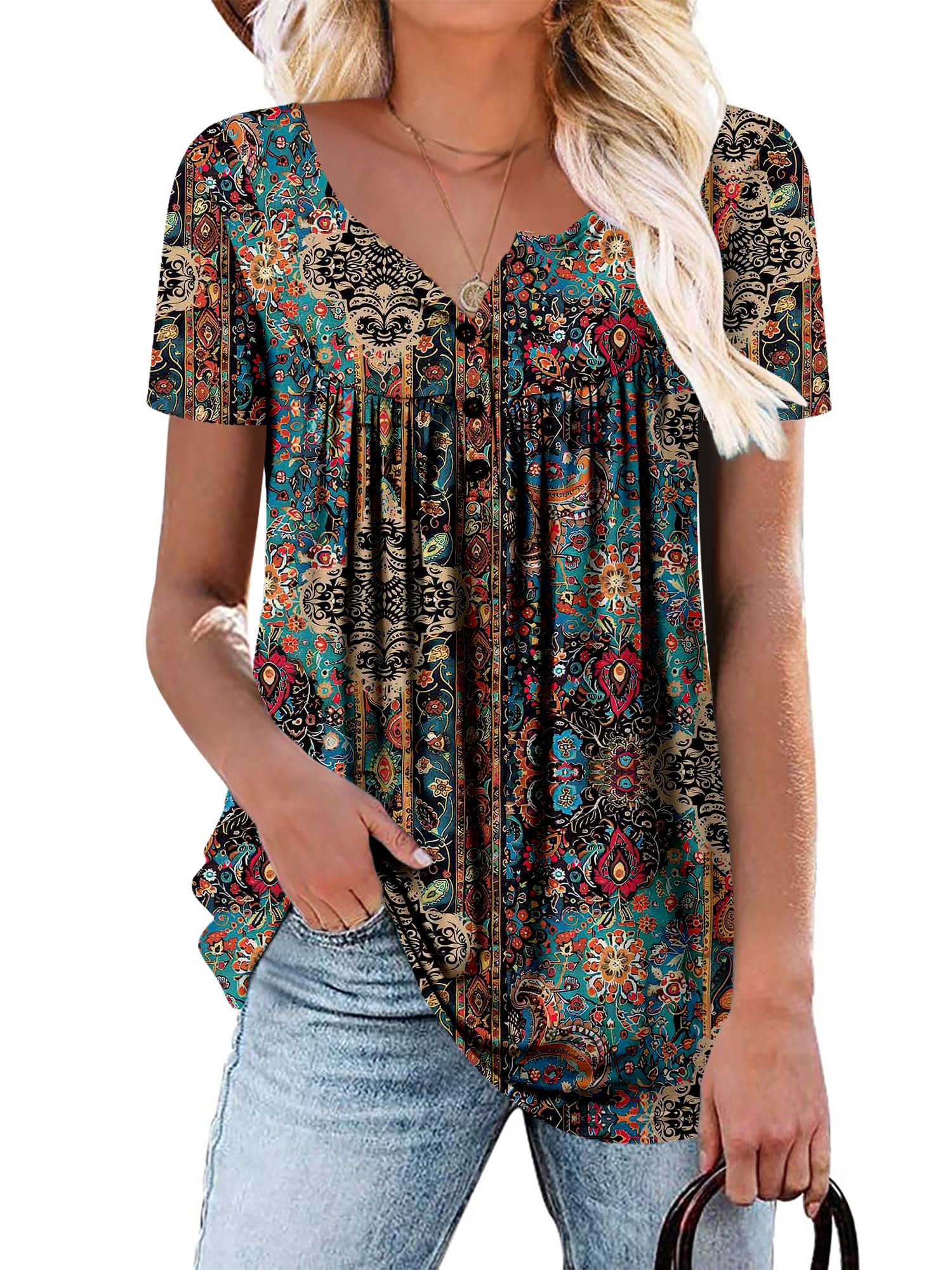 Mystry Zone Womens Henley V Neck Casual Blouse Button Down T Shirts Flare and Flowy Tops