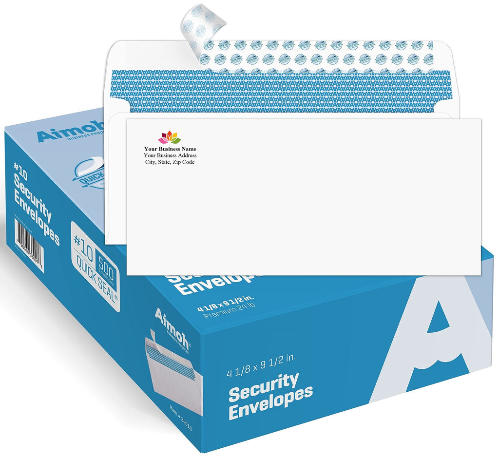 Aimoh 100#10 Custom Printed Security Tinted Self-Seal Envelopes – Personalized with Logo and Address/Return Address Imprinted - Size 4-1/8 X 9-1/2" - White - 24 LB - 100 Count (74100)