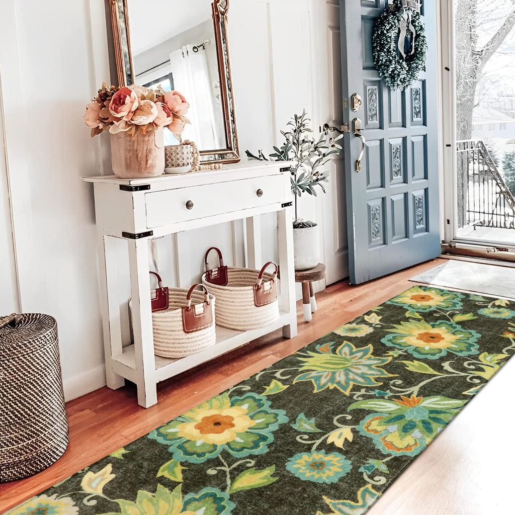 Lahome Floral Washable Area Rugs - 2x3 Non-Slip Small Entryway Rug Indoor, Throw Stain Resistant Kitchen Rugs Soft Black Paisley Print Bathroom Mats DoorMat Carpet for Bedroom Laundry Living Room Sink