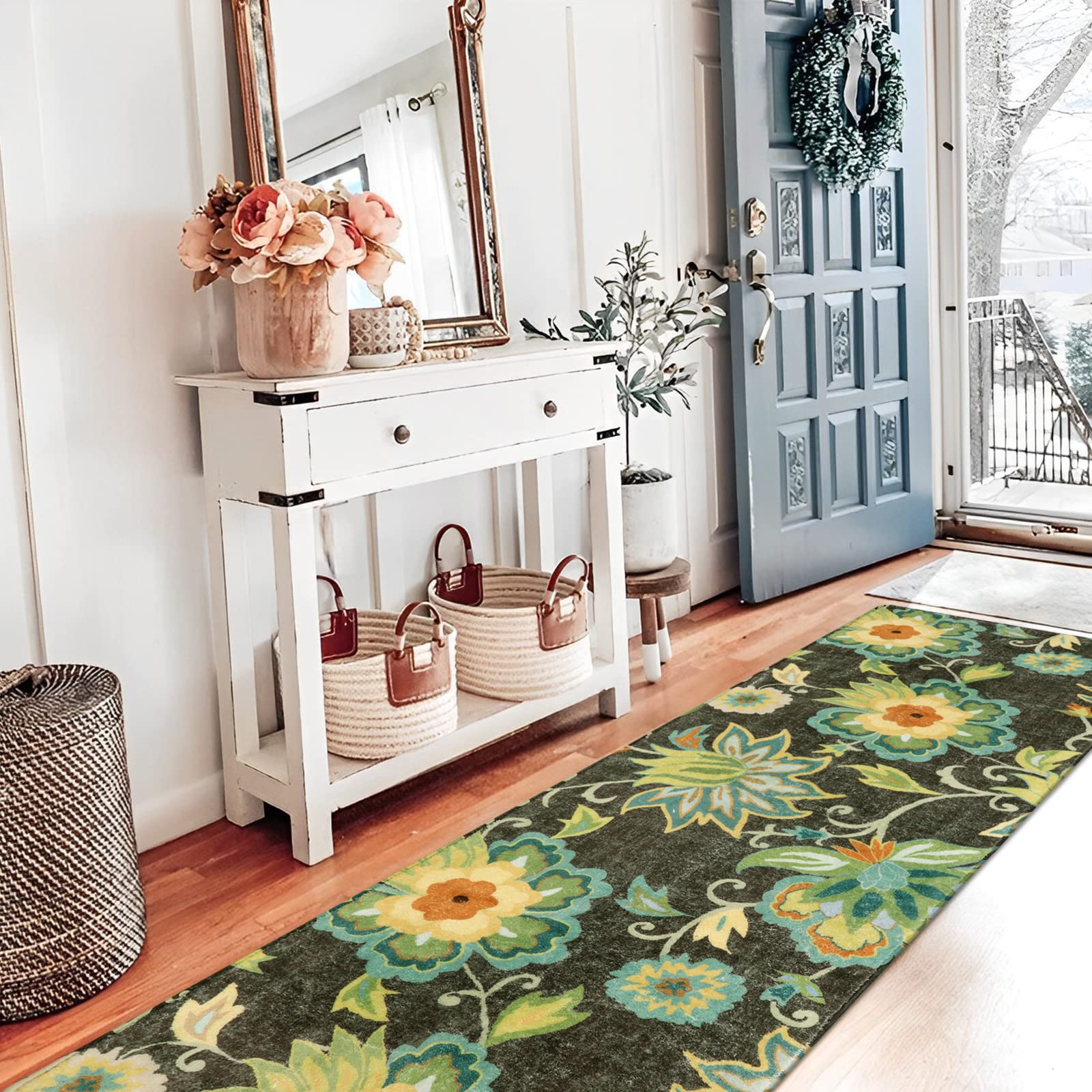 Lahome Floral Washable Area Rugs - 2x3 Non-Slip Small Entryway Rug Indoor, Throw Stain Resistant Kitchen Rugs Soft Black Paisley Print Bathroom Mats DoorMat Carpet for Bedroom Laundry Living Room Sink