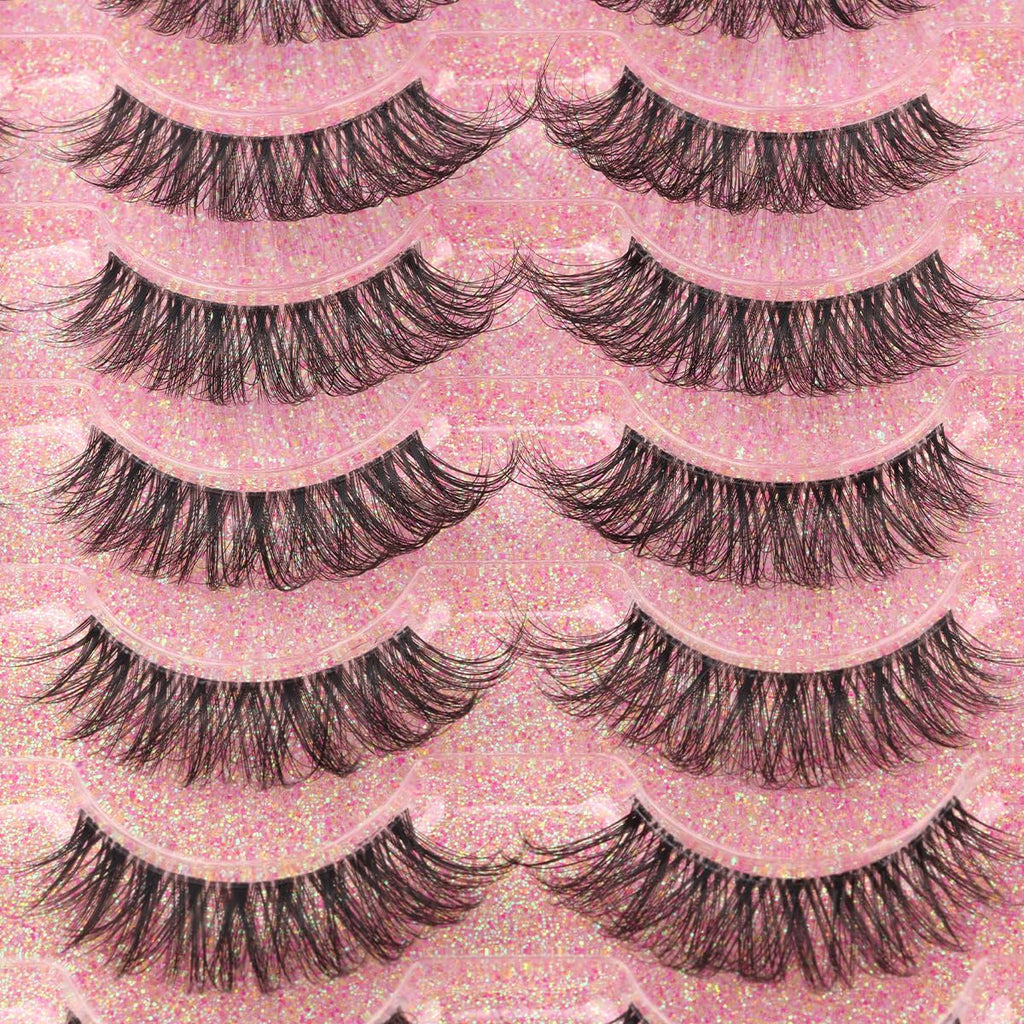 False Lashes Natural Look Wispy Eyelashes Manga Korean Spiky 16mm Short Faux Mink Eyelashes Cat Eye Natural Fake Eyelashes Strip Lashes Pack 14 Pairs