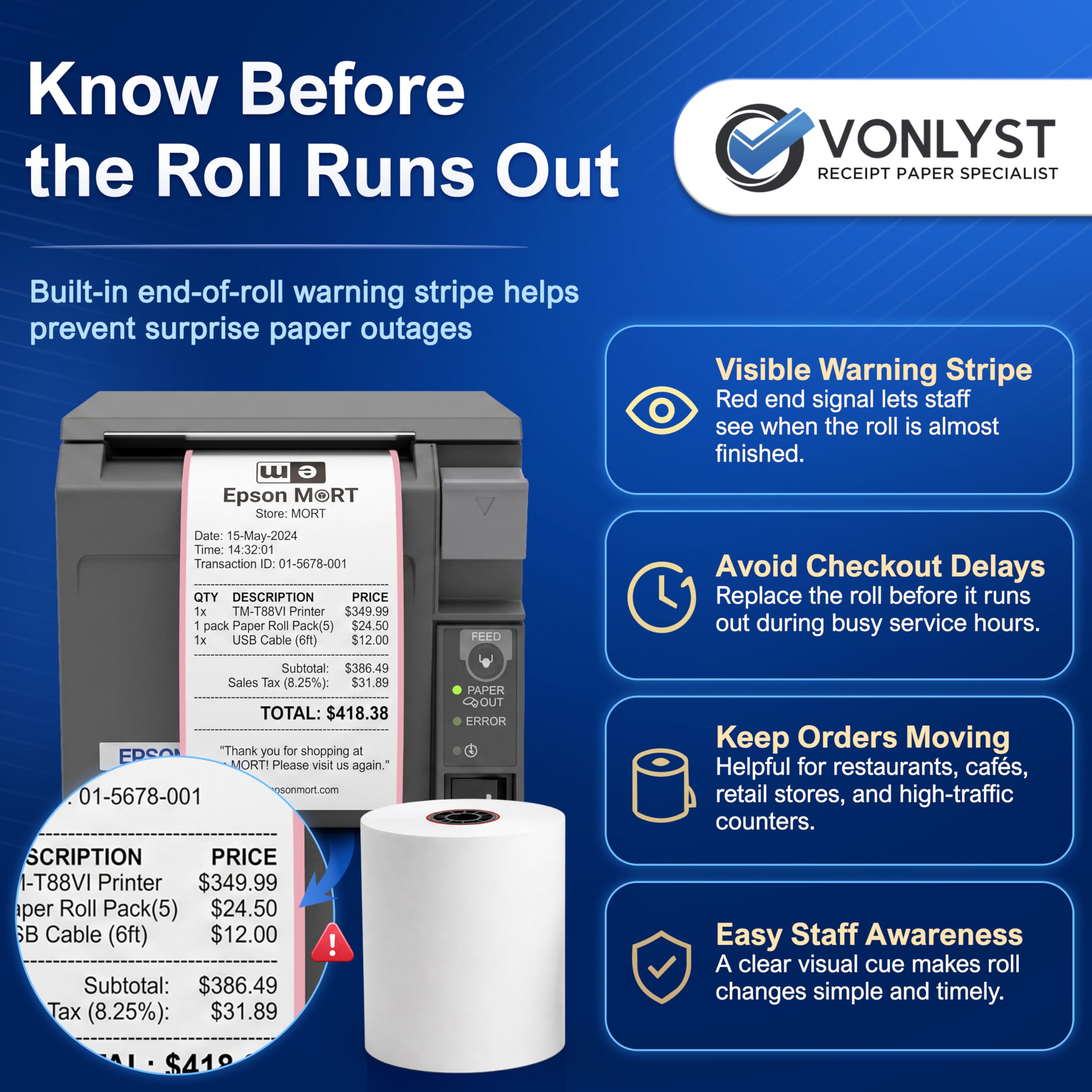 3 1/8 x 230 Thermal POS Rolls for Epson Printers, BPA Free Thermal Printing Compatible with TM-T88 TM-T70 TM-T80 TM-T85 TM-H6000 T90 Series, Credit Card Machine & POS Printer Supplies, Pack of 12