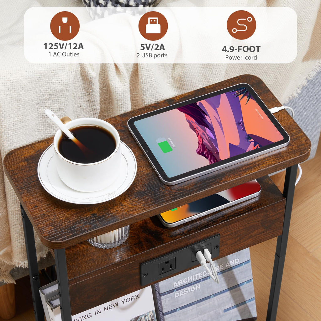 YEAKOO Narrow Side Table with Charging Station, 3-Tier End Table with 2 USB Ports & Power Outlets,Thin Sofa Side Table for Narrow and Small Spaces, Bedside Table Nightstand for Living Room,Black