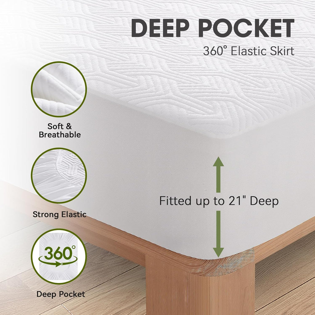 HYLEORY Queen Size Mattress Protector - Waterproof Bamboo-Viscose Cooling Mattress Pad Cover, Breathable 3D Air Fabric, Noiseless Washable Fitted Sheets Protectors with Deep Pocket Up to 21", White