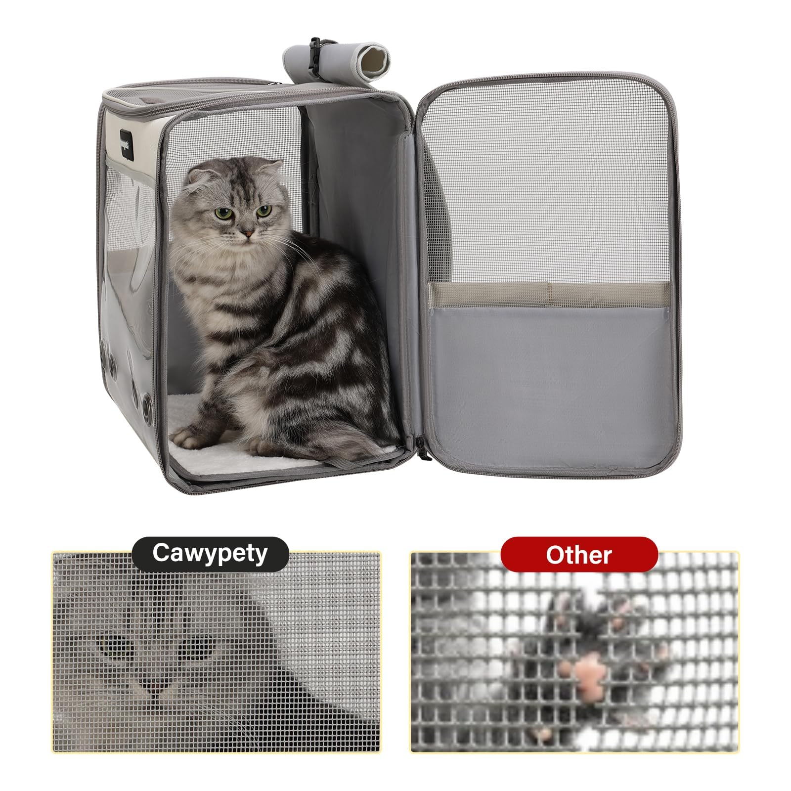 Cawypety Cat Backpack Carrier, Breathable Cat Carrier Large Space Bubble Pet Backpack for Kitty Small Dog up to 12lbs, Transparent & Foldable Pet Carrier for Travel Hiking (Black
