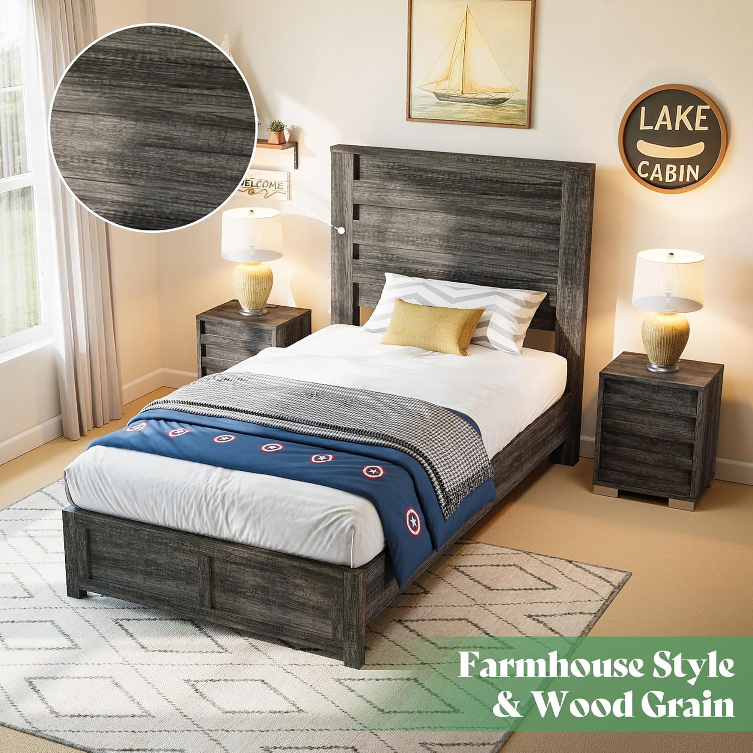 AMERLIFE Farmhouse Full Size Bed Frame with 49" Fluted Headboard, Wood Platform Bed with Natural Grain, No Box Spring Needed/Noise Free, Black