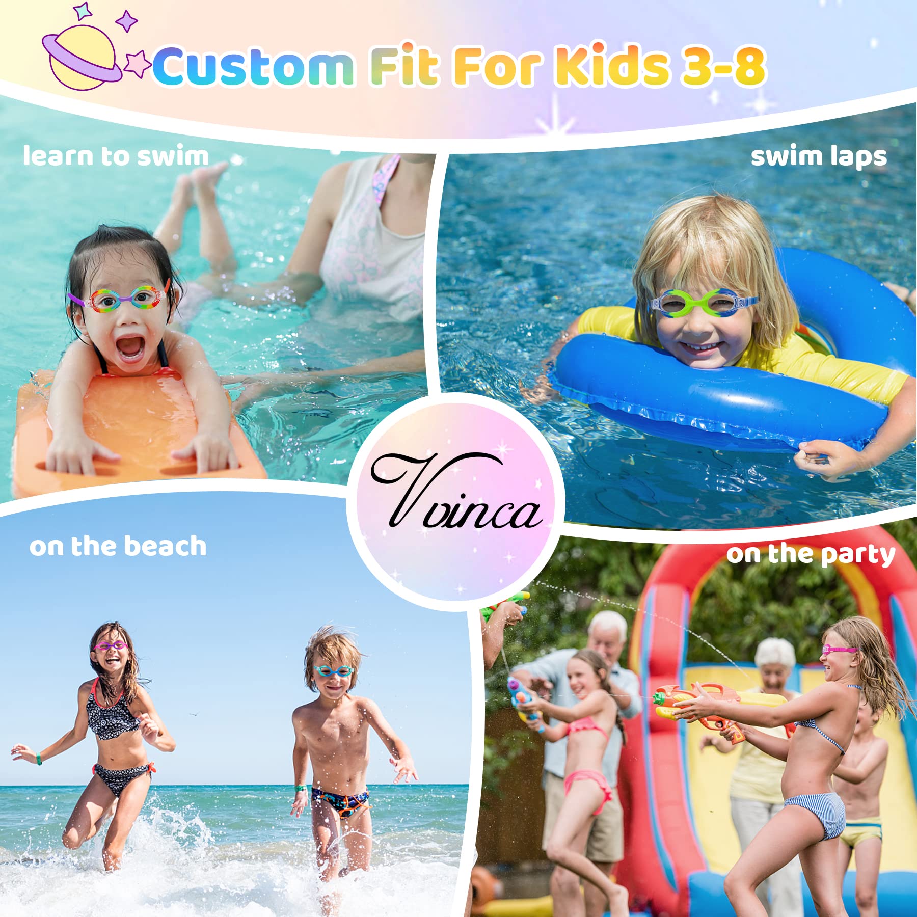 Vvinca Kids Swim Goggles with Fabric Strap No Tangle Pain-Free, Anti-Fog Swimming Pool Goggle No Leak for Toddlers Girls Boys