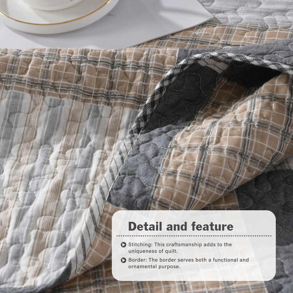 Y-PLWOMEN 100% Cotton Farmhouse Plaid Lightweight 3-Pieces Quilt Set (Blue Brown, Queen90 * 98 Inch)