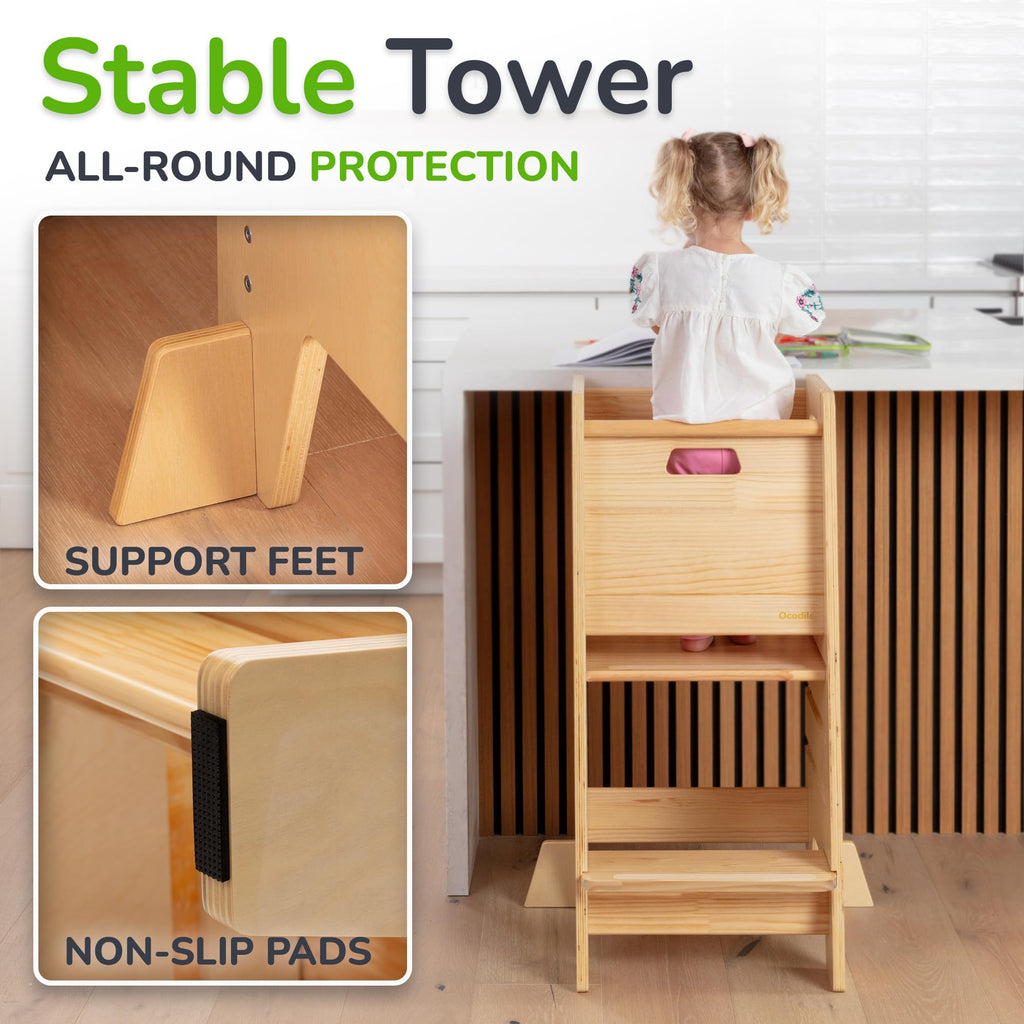OCODILE Toddler Tower with a Sliding Door and 3 Adjustable Heights - Safe Toddler Kitchen Step Helper with Support Feet - Updated Design for 18+ Months to 6-Year-Old Kids - Gray