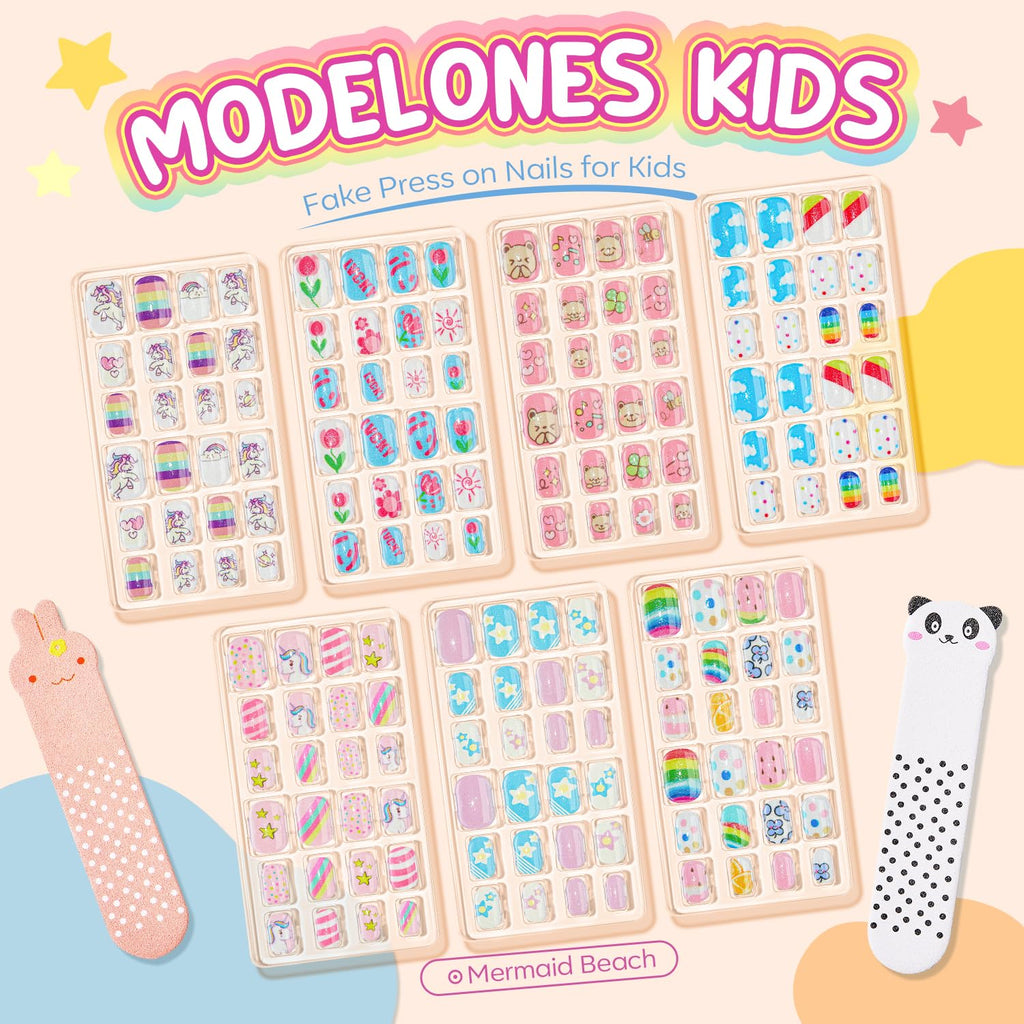 Modelones Press on Nails for Kids 144Pcs 6 Pack Children Acrylic Fake Nails Pre-glue Full Cover Glitter Gradient Color Heart Cat Short False Nail Art Kits Sets Christmas Gifts for Kids Girls