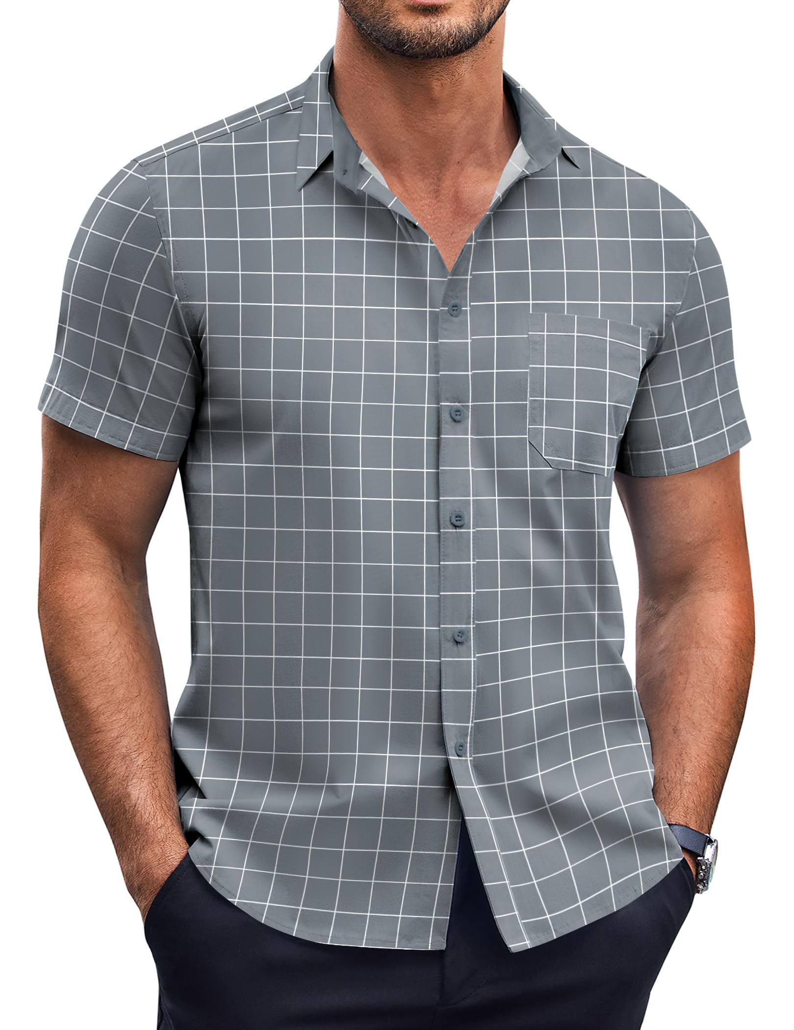 COOFANDY Mens Short Sleeve Button Down Shirts Wrinkle Free Dress Shirts Casual Polka Dot Print Shirt with Pocket