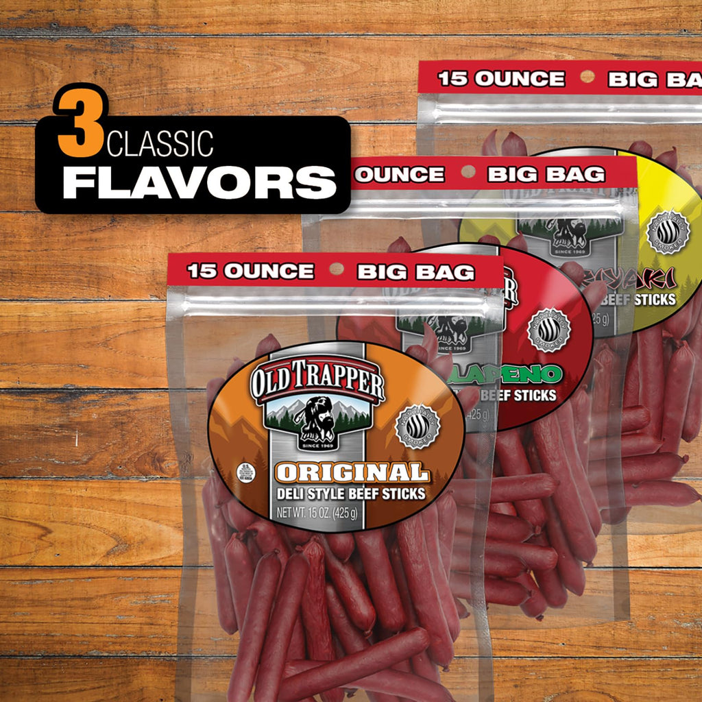 Old Trapper Deli-Style Beef Sticks, Jalapeño Flavor, 15-Ounce Package, Spicy Beef Sticks, Six Grams of Protein and Zero Grams of Sugar per Serving (Pack of One)