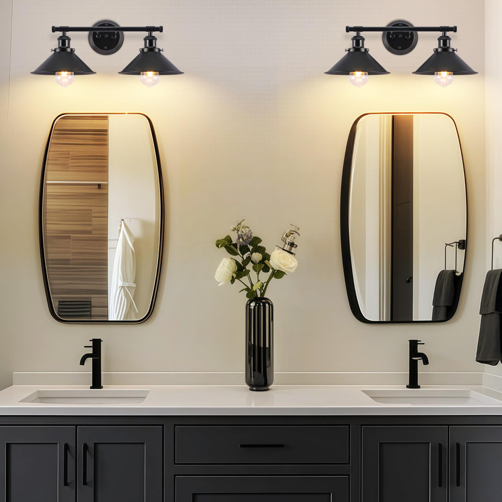 Black Bathroom Light Fixture 2-Light Matte Black Farmhouse Vanity Lights for Bathroom Light Fixtures, 20" Rustic Industrial Wall Sconce Vanity Lighting Fixtures over Mirror Kitchen Cabin Workshop Cafe