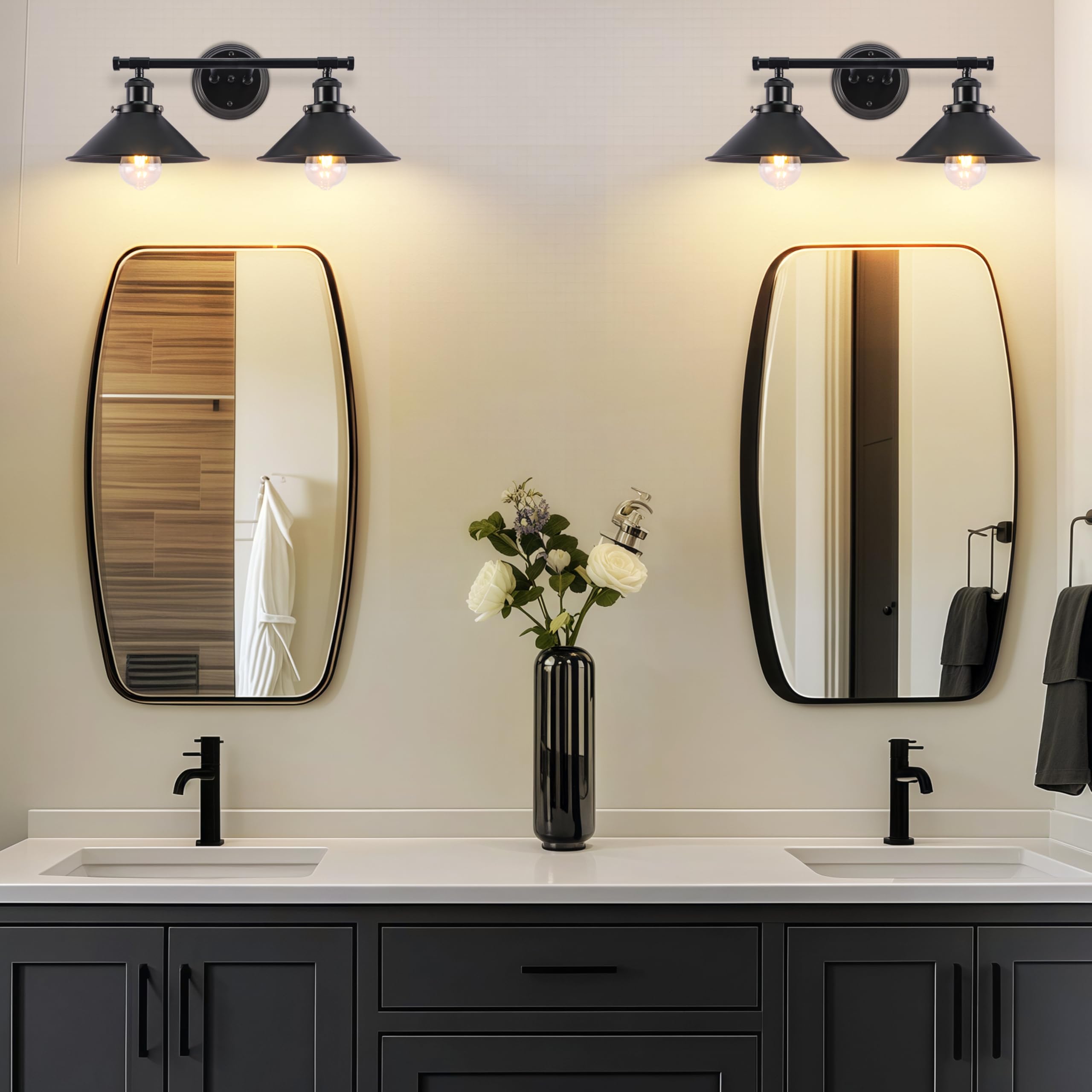 Black Bathroom Light Fixture 2-Light Matte Black Farmhouse Vanity Lights for Bathroom Light Fixtures, 20" Rustic Industrial Wall Sconce Vanity Lighting Fixtures over Mirror Kitchen Cabin Workshop Cafe