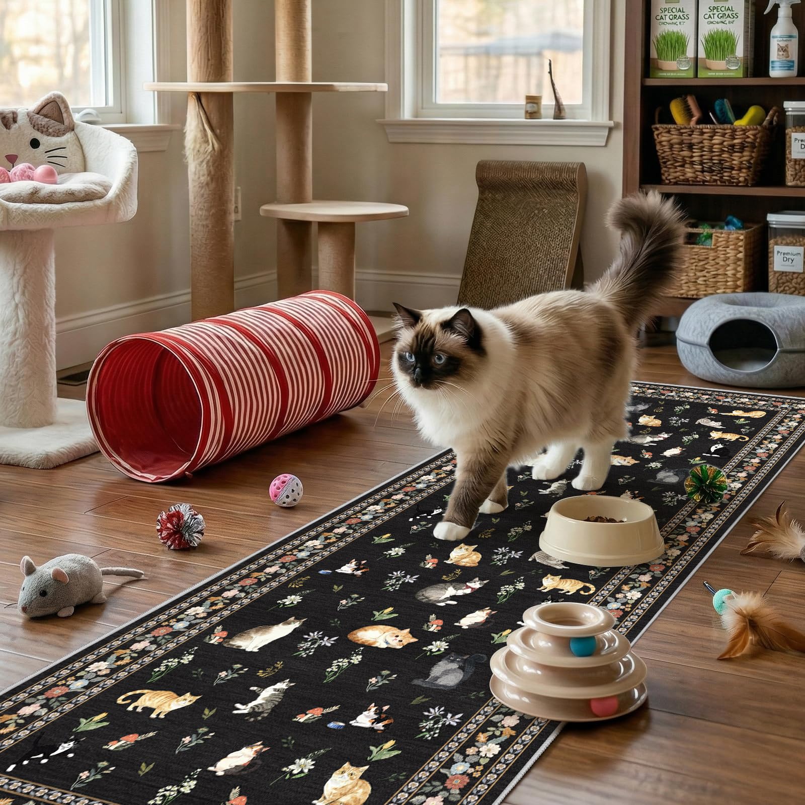 2x5 Washable Kitchen Runner Rug - Soft Low Pile Floral Animal Cat Print Rugs with Non-Slip Backing Waterproof Stain-Resistant Indoor Carpet for Hallway Entryway Bathroom Bedroom (Black)
