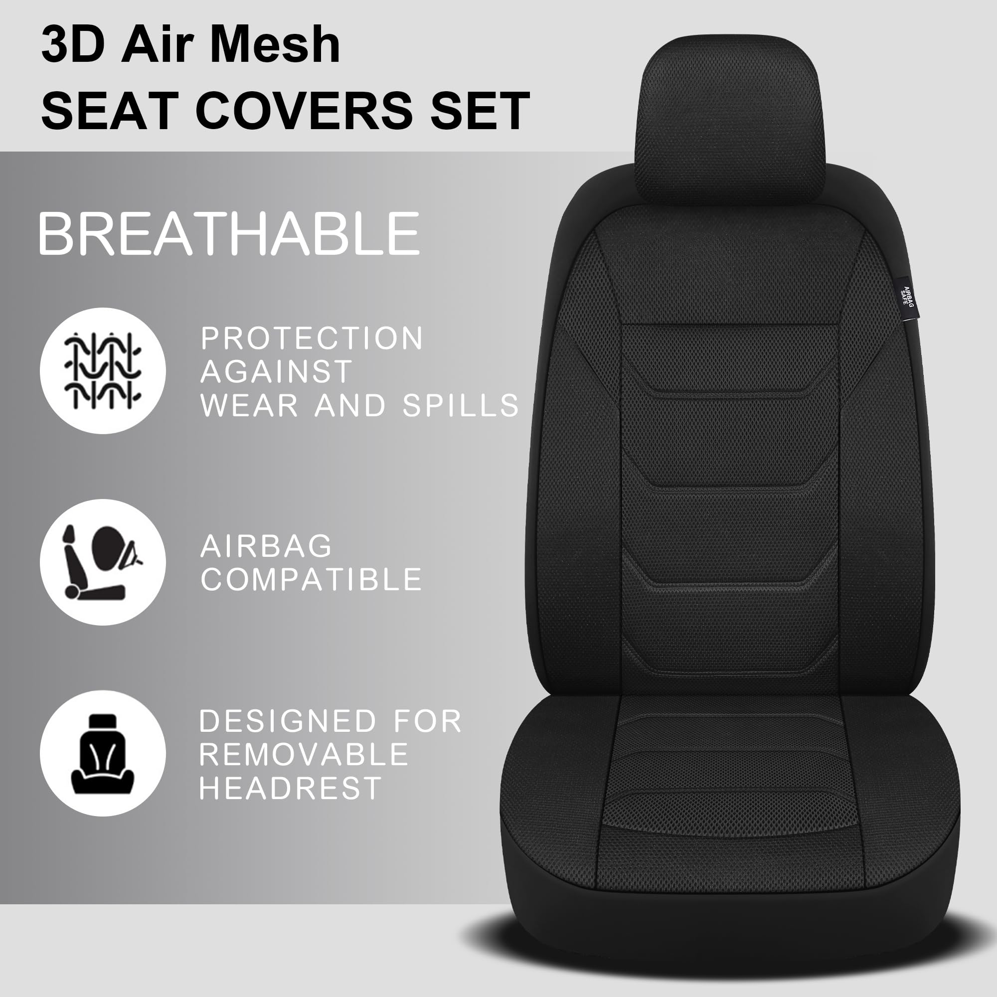 Pariiaotin 3D Air Mesh Car Seat Covers Front Sets Washable and Breathable Premium Cloth Automotive Vehicle Seat Covers for Cars Interior, Universal Fit for Most Cars, Sedan, Truck, SUV(Black)