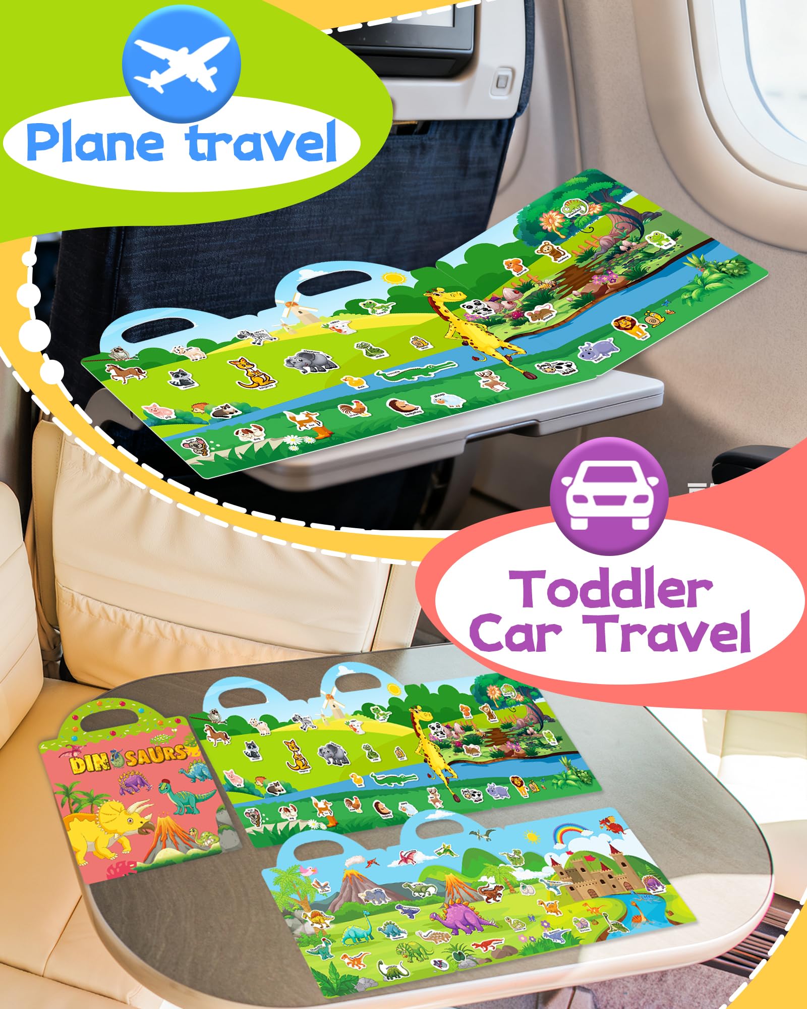 Benresive Reusable Sticker Book for Toddlers, Stickers for Kids, Travel Toys for Arts & Crafts Activities, Birthday Gift for Boys & Girls, Animals Dinosaurs Insects Themes