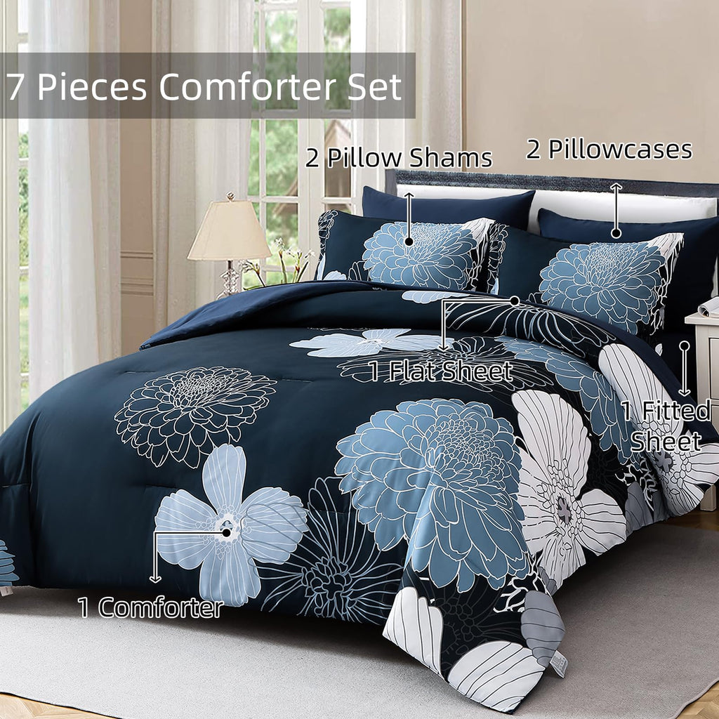 Yiran 7 Pieces Bed in a Bag Blue Floral Comforter Set Queen Size Flowers Comforter Set Soft Microfiber Bedding Set (1 Comforter 1 Flat Sheet 1 Fitted Sheet 2 Pillowshams 2 Pillowcases)