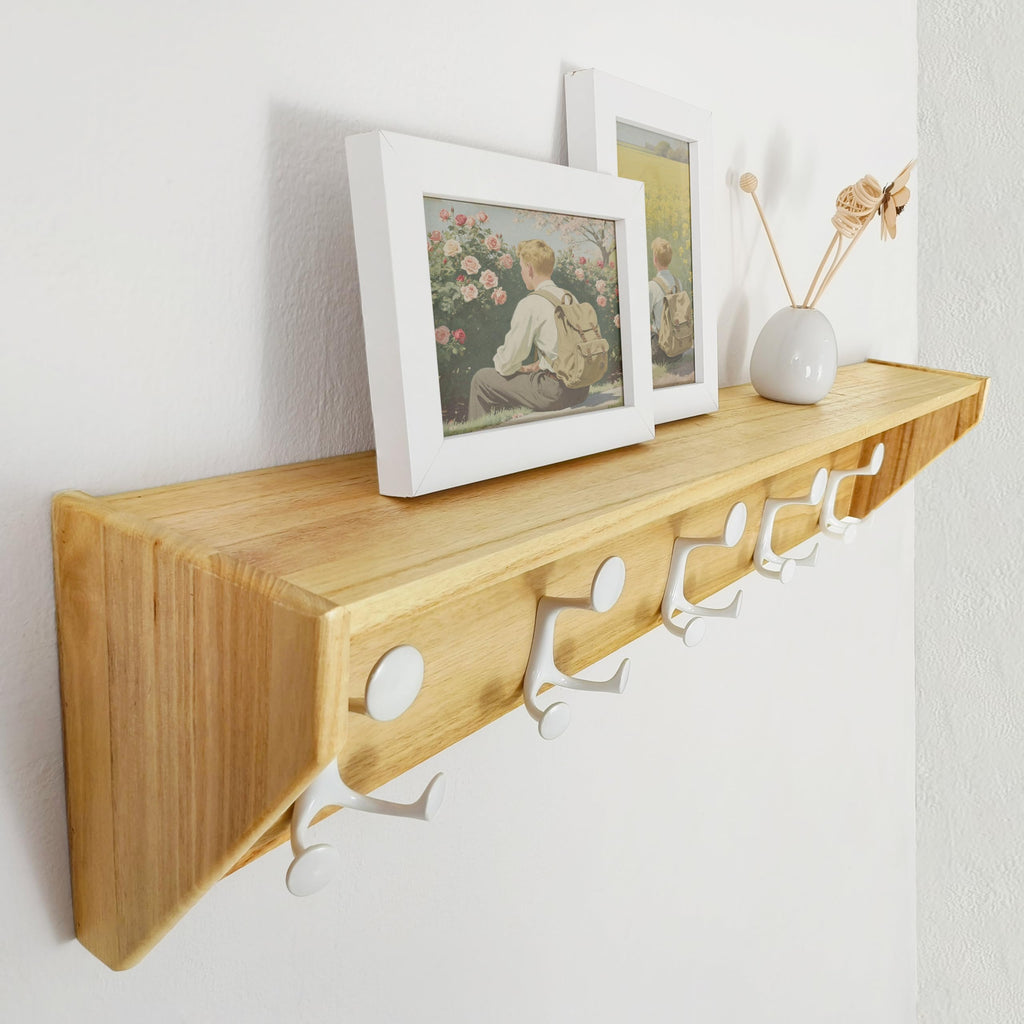 SKOLOO Wall Shelf with Hooks, 24-Inch Cherry Coat Rack Wall Mount with Shelf Organizer - Heavy Duty, 4 Tri Hooks - Perfect for Entryway, Hallway, Living Room, Bedroom, Mudroom