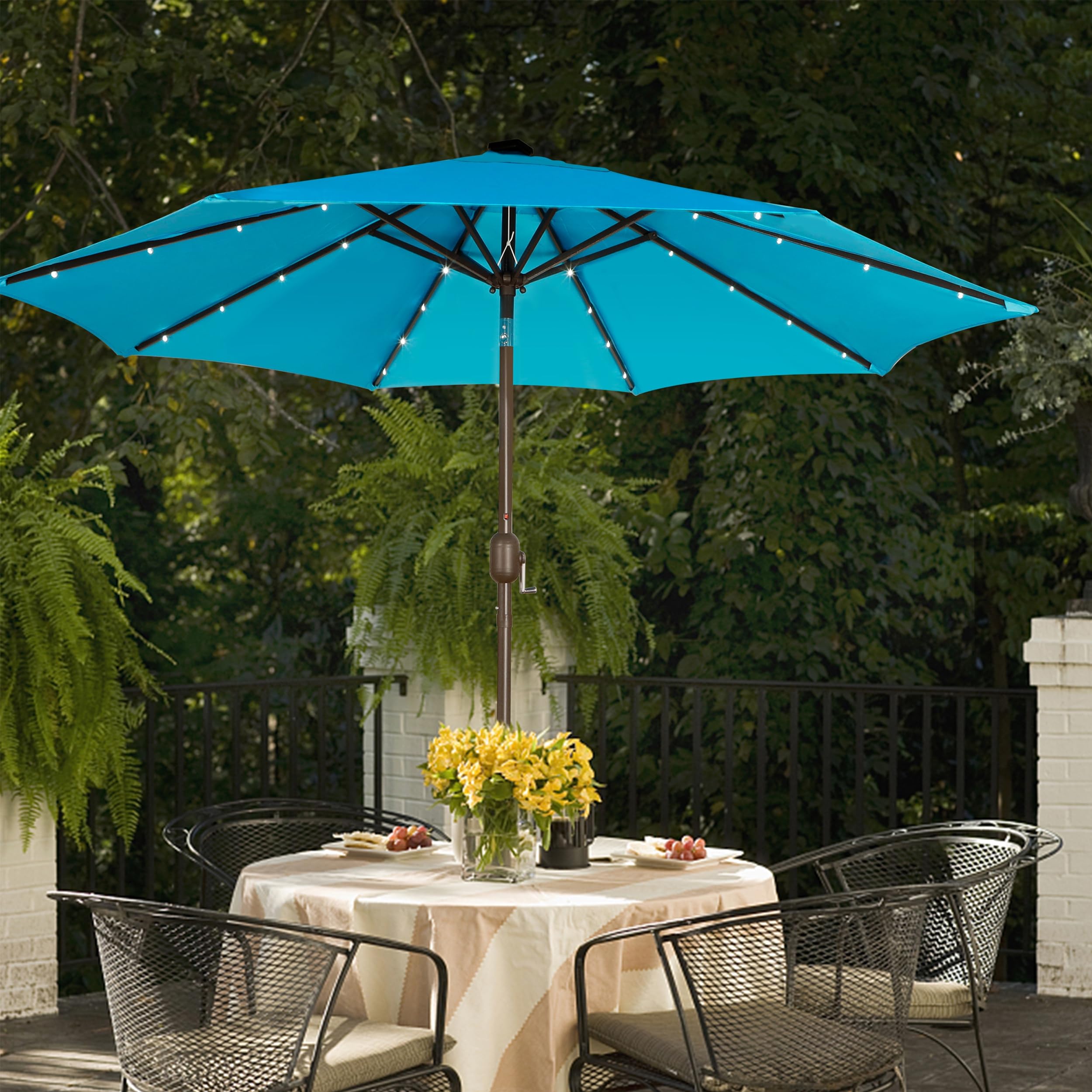 Blissun 9 ft Solar Umbrella, 32 LED Lighted Patio Umbrella, Table Market Umbrella, Outdoor Umbrella for Garden, Deck, Backyard, Pool and Beach (Light Blue)
