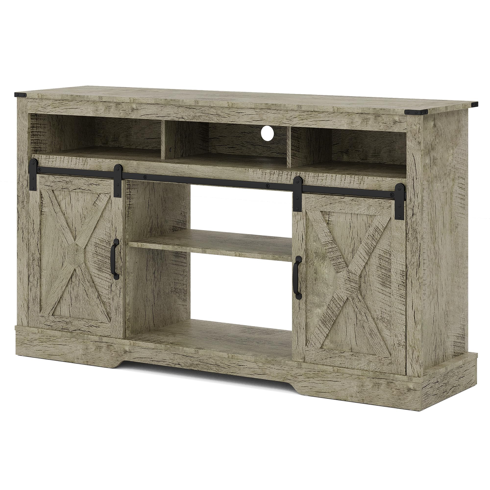 FansaFurn Farmhouse TV Stand for 65+ Inch TV, 34'' Tall Entertainment Center with Sliding Barn Doors, Rustic Wood Media Console Storage Cabinet Television Stand for Living Room, Bedroom (Black)