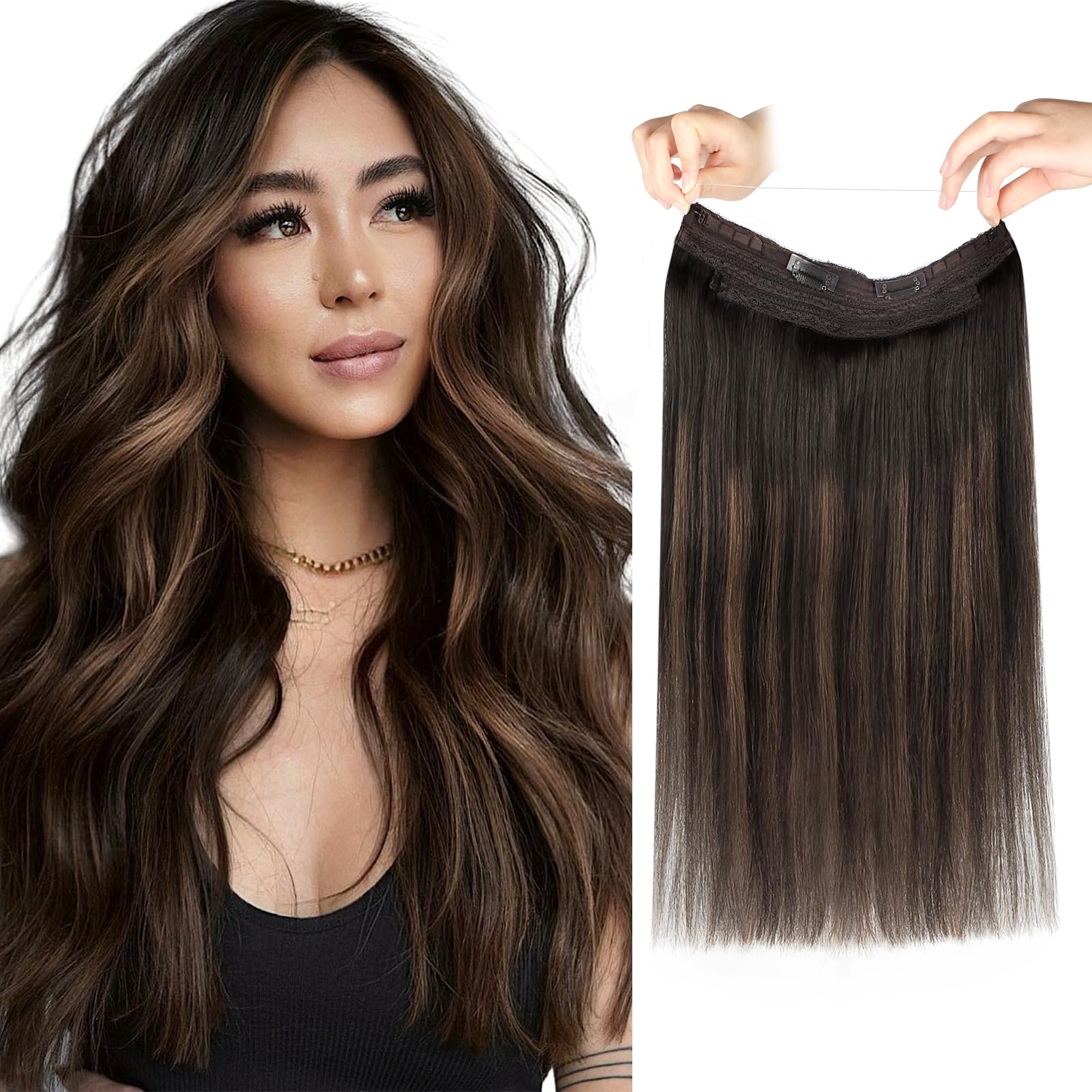 Sassina Invisible Wire Hair Extensions Real Human Hair with Transparent Wire Adjustable Size Secure Clips Natural Straight Secret Miracle Hairpiece, #1 Jet Black 12 Inch 70 Gram