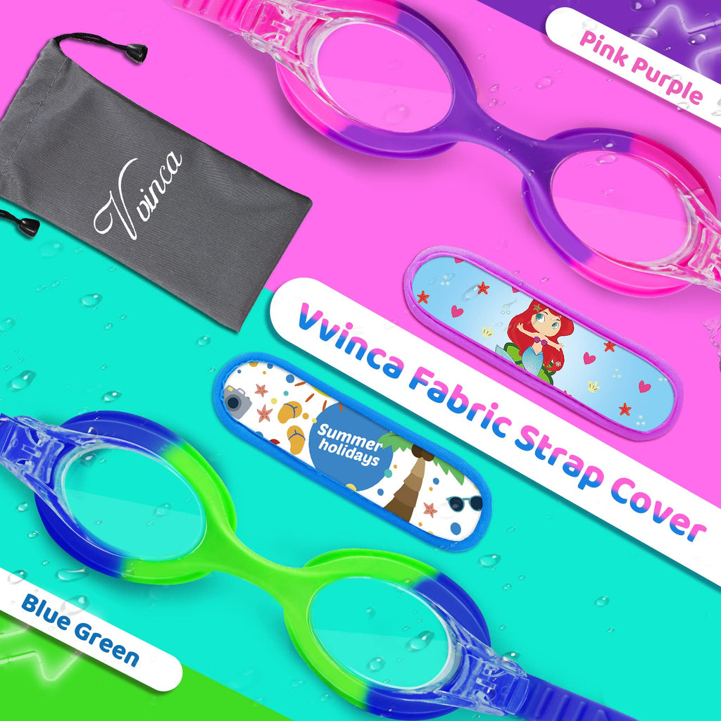 Vvinca Kids Swim Goggles with Fabric Strap No Tangle Pain-Free, Anti-Fog Swimming Pool Goggle No Leak for Toddlers Girls Boys