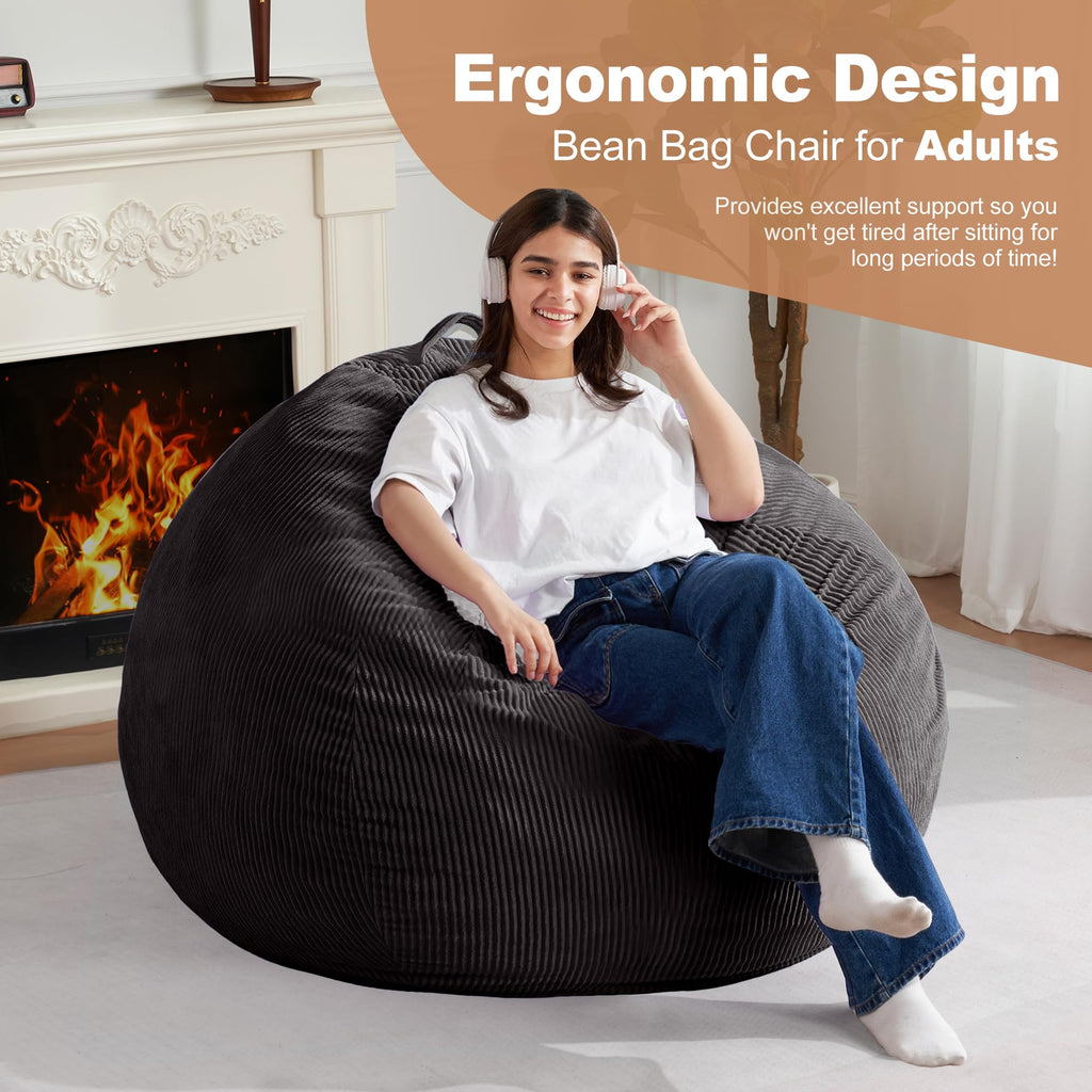 Homguava Bean Bag Chair,Teardrop Bean Bags Small Beanbag Chair with Memory Foam Filled and Ultra Soft Corduroy Cover for Living Room, Bedroom (Black 2FT)