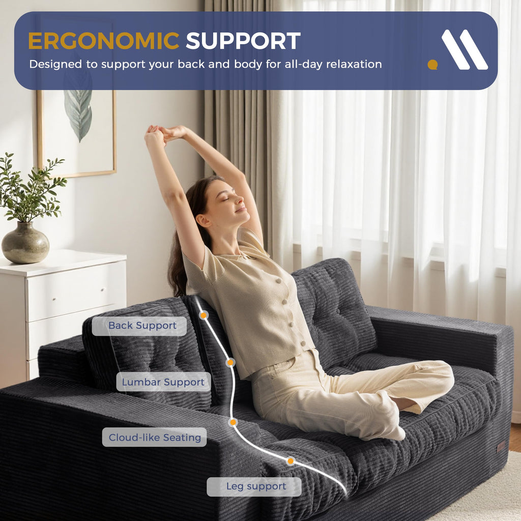 MAXYOYO 3 Seater Sofa Couch for Living Room, Tufted Boneless Couch Sofa Couch, Comfy Bubbled Bean Bag Chair for Apartment, No Assembly Needed, Beige