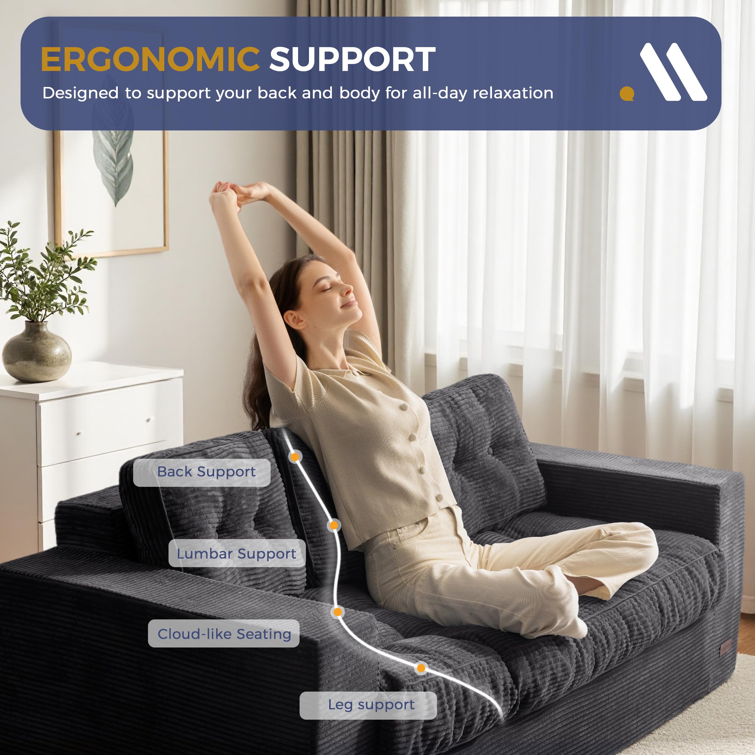 MAXYOYO 3 Seater Sofa Couch for Living Room, Tufted Boneless Couch Sofa Couch, Comfy Bubbled Bean Bag Chair for Apartment, No Assembly Needed, Beige