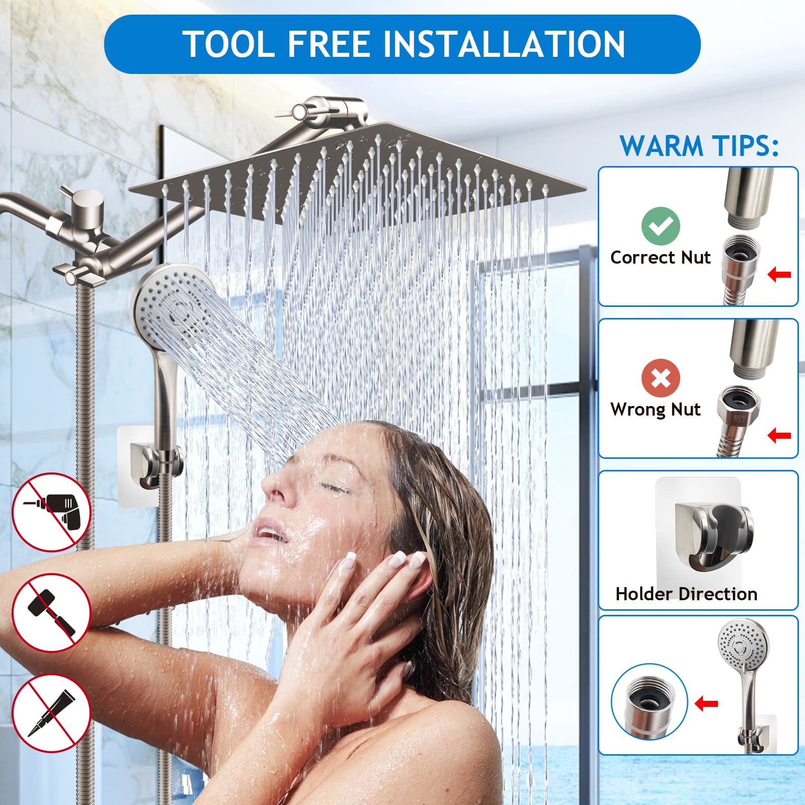 Shower Head Combo(Brushed Nickel),8 Inch High Pressure Rain Shower Head with 11 Inch Adjustable Extension Arm and 5 Settings Handheld Shower Head Combo,Powerful Shower Spray Against Low Pressure Water