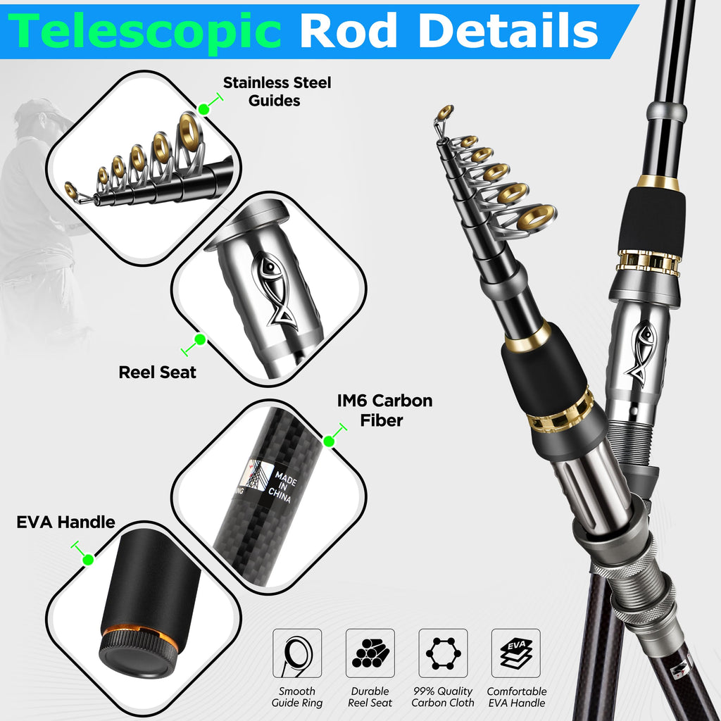 PLUSINNO Fishing Rod, Telescopic Fishing Rod and Reel Combo, Collapsible Travel Fishing Pole Rod Starter Kit, Carbon Fiber Fishing Rods and 12 +1 Bearings Stainless Steel, Fishing Gifts for Men Adults