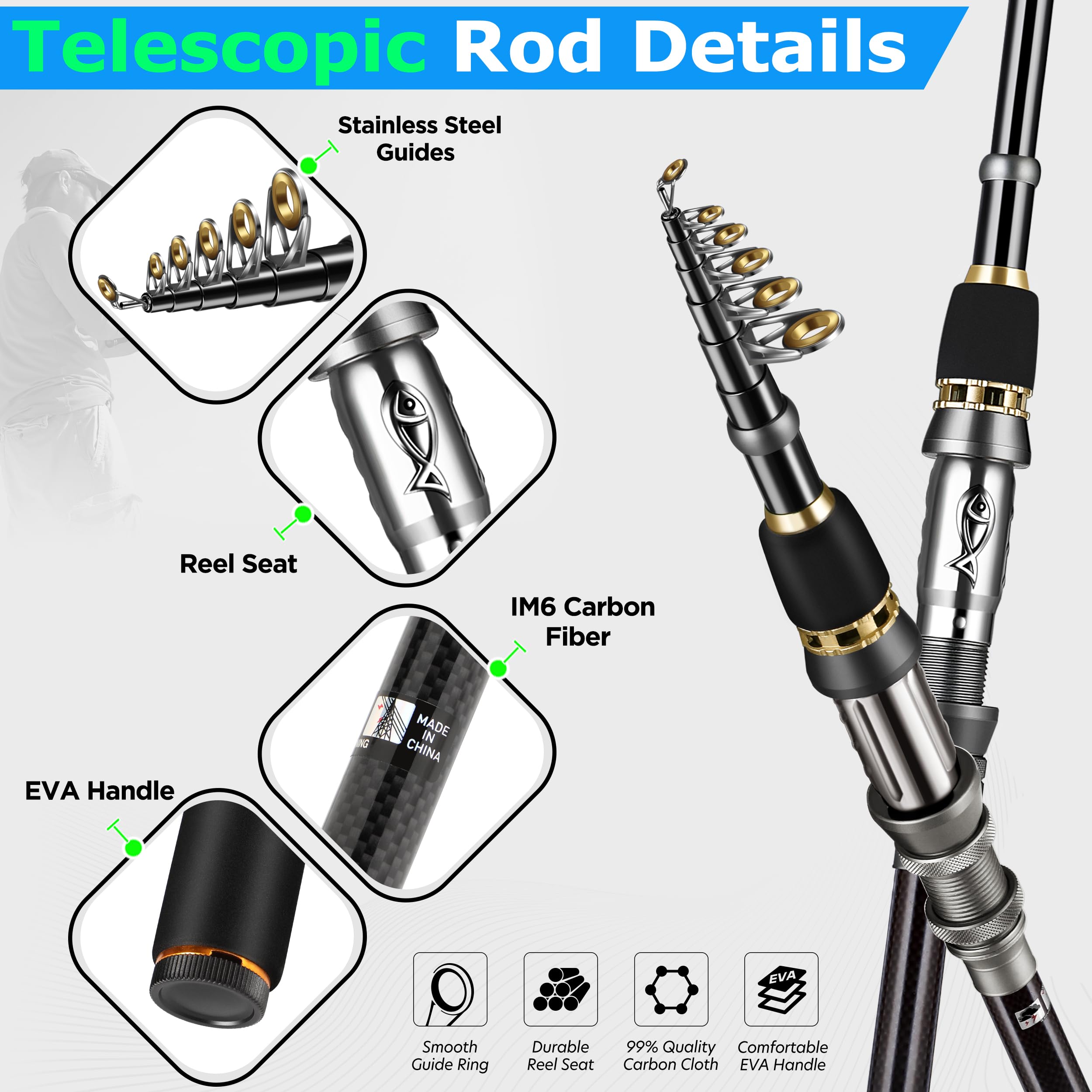 PLUSINNO Fishing Rod, Telescopic Fishing Rod and Reel Combo, Collapsible Travel Fishing Pole Rod Starter Kit, Carbon Fiber Fishing Rods and 12 +1 Bearings Stainless Steel, Fishing Gifts for Men Adults