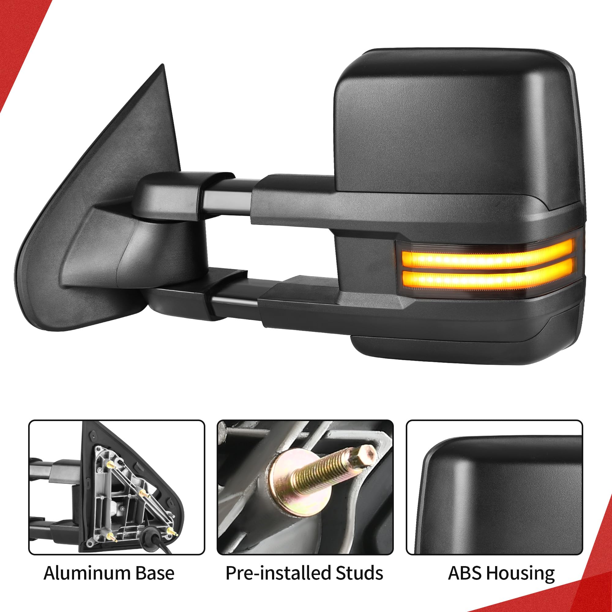 YITAMOTOR Towing Mirrors Compatible with 07-13 Silverado 1500 2500 3500 Tahoe Suburban Avalanche GMC Sierra Yukon Cadillac LED Turn Signal Light Power Heated Manual Telescoping Folding