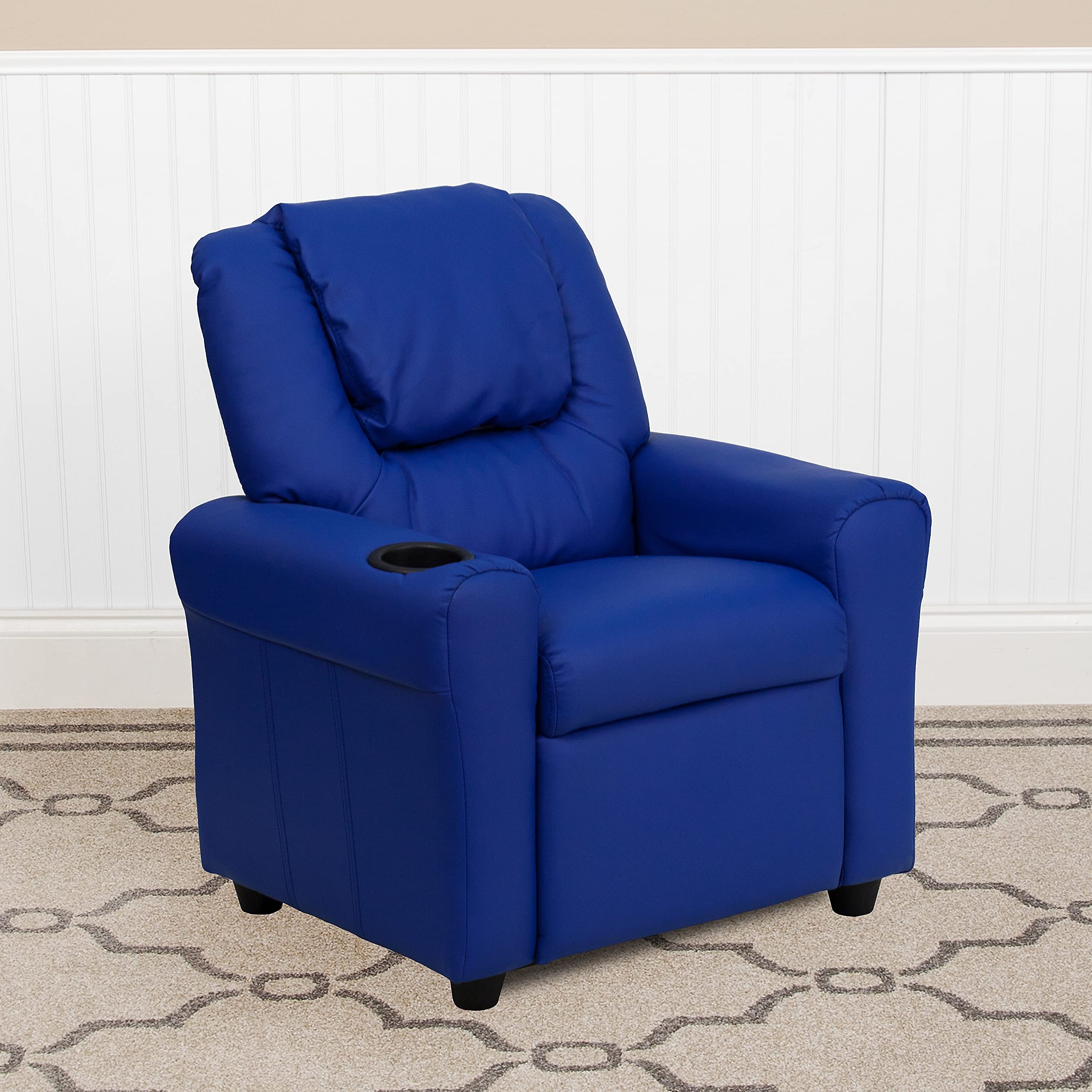 Flash Furniture Vana Vinyl Kids Recliner with Cup Holder, Headrest, and Safety Recline, Contemporary Reclining Chair for Kids, Supports up to 90 lbs., Beige