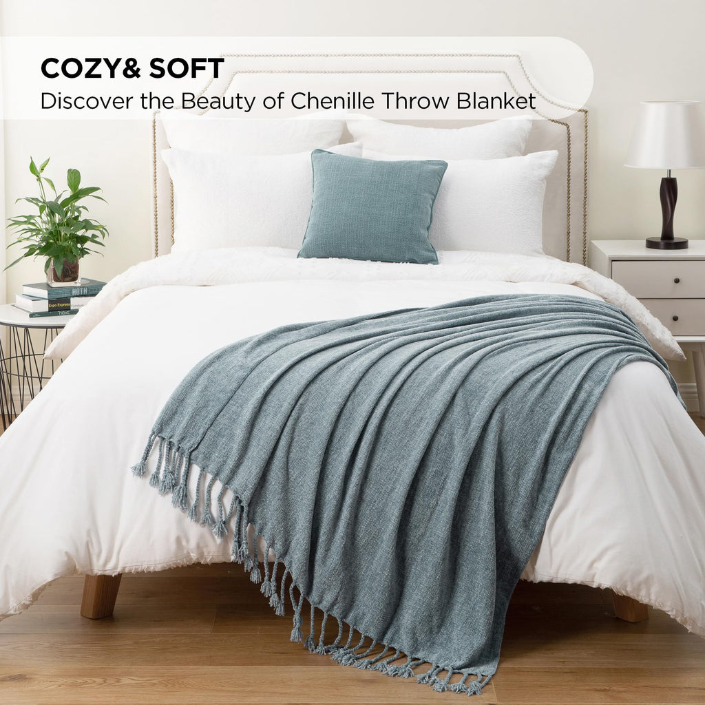 BATTILO HOME Beige Chenille Throw Blanket for Couch, Soft Cozy Textured Knit Throw Blanket with Handmade Fringe Tassels, Lightweight Decorative Farmhouse Blanket for Sofa Bed Chair, 50"x60"